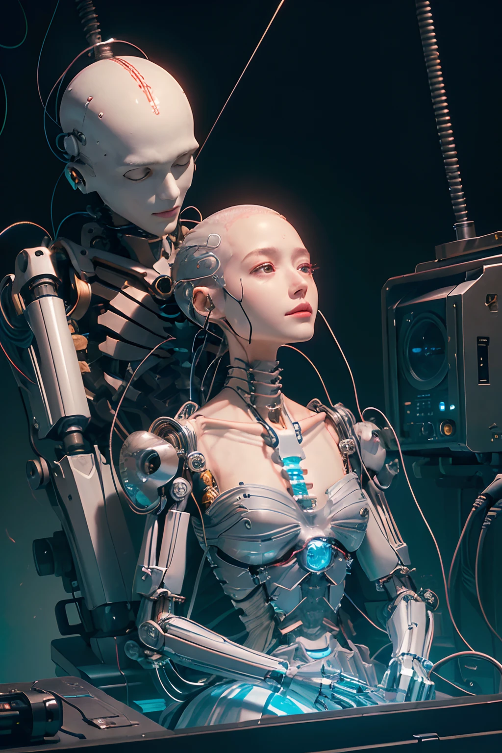 (((Masterpiece))), (((Best quality))), ((Ultra-detailed)), (CG illustration), ((an extremely devious and beautiful)),(cute desktop face),Cinematic light ,((1 mechanical girl)),独奏,Full body machine parts,(Machine-made joints:1.4),((No hair)),(Bursting muscles),(blood vessels attached to the tube),(a brain in container:1.3), ((The mechanical vertebrae are attached to the back)),((The mechanical cervical vertebrae are attached to the neck)),((Seated)),face expressionless,(Wires and cables are attached to the head and body:1.5),smallunderboob,short detailed hair,(Character focus),scientific fiction