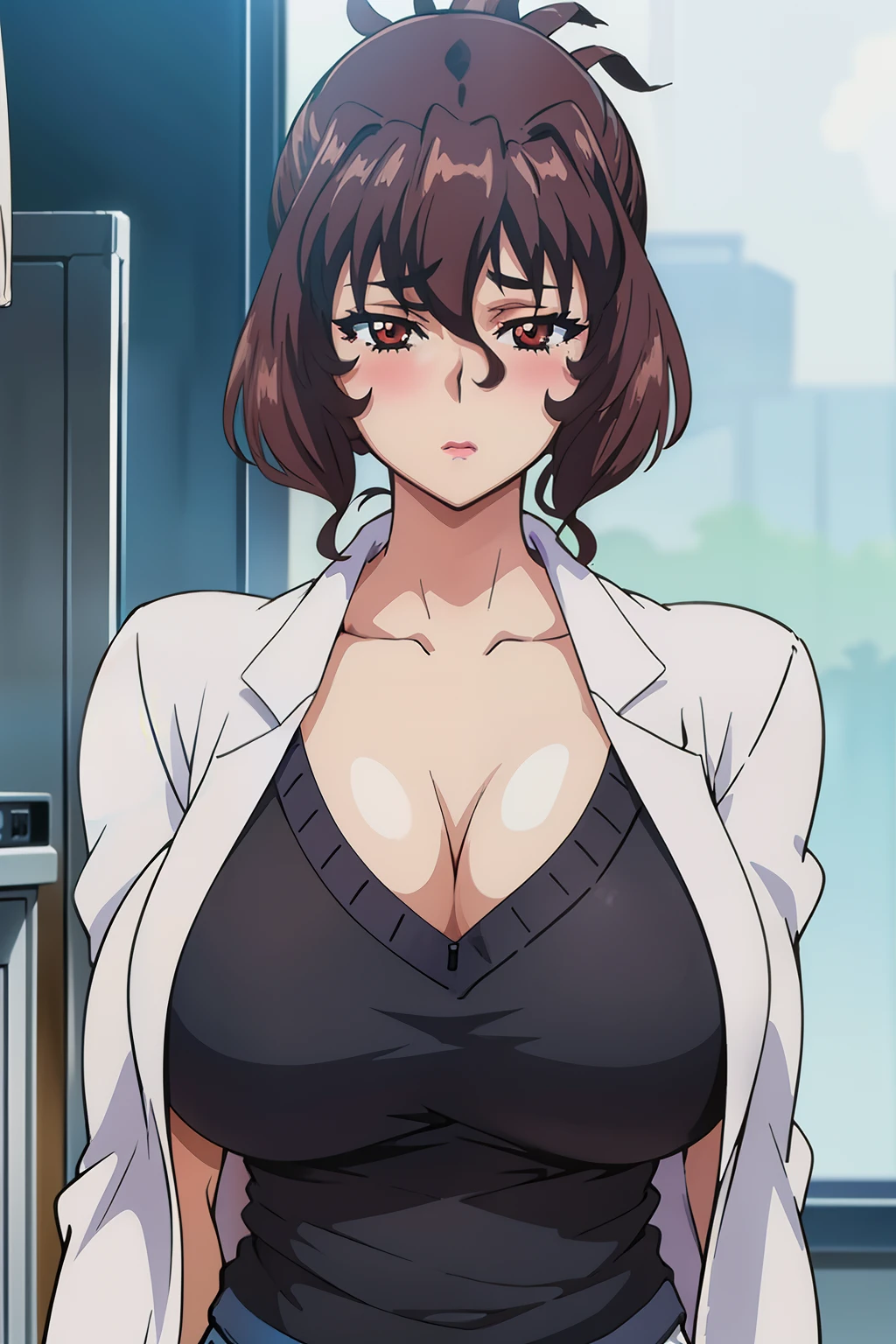 anime cels style, Aiko Katsuragi, best quality, high resolution, mature female, milf, 1girl, huge breasts, labcoat, makeup, lipstick, brown eyes, folded ponytail, brown hair, cleavage, perfect body, (gorgeous body:1.3), perfect eyes, perfect retina, eyeliner, eyeshadow, perfect face, (caring look:1.1), look at viewer, blush, high sharpness, sharp focus, medical room, professional artwork, intricate details, vivid colors, Diffused lighting, digital blending, ultra detailed body, ultra detailed hair, ultra detailed face, trending on pixiv