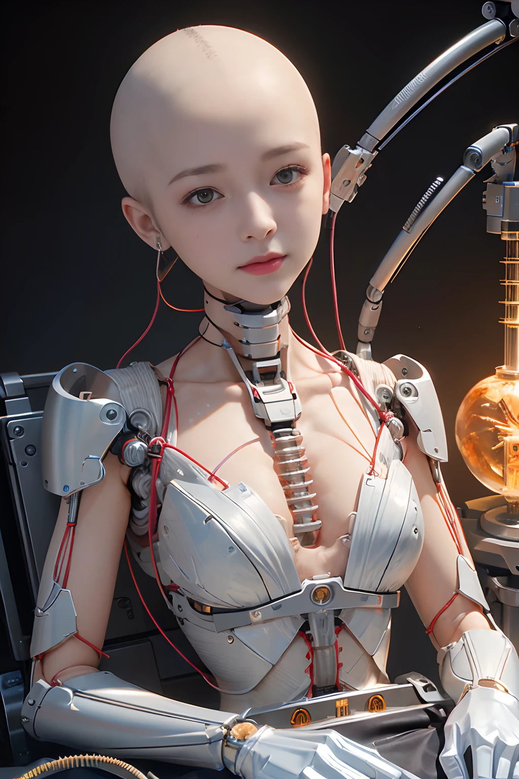 (((Masterpiece))), (((Best quality))), ((Ultra-detailed)), (CG illustration), ((an extremely devious and beautiful)),(cute desktop face),Cinematic light ,((1 mechanical girl)),独奏,Full body machine parts,(Machine-made joints:1.4),((No hair)),(Bursting muscles),(blood vessels attached to the tube),(a brain in container:1.3), ((The mechanical vertebrae are attached to the back)),((The mechanical cervical vertebrae are attached to the neck)),((Seated)),face expressionless,(Wires and cables are attached to the head and body:1.5),smallunderboob,short detailed hair,(Character focus),scientific fiction