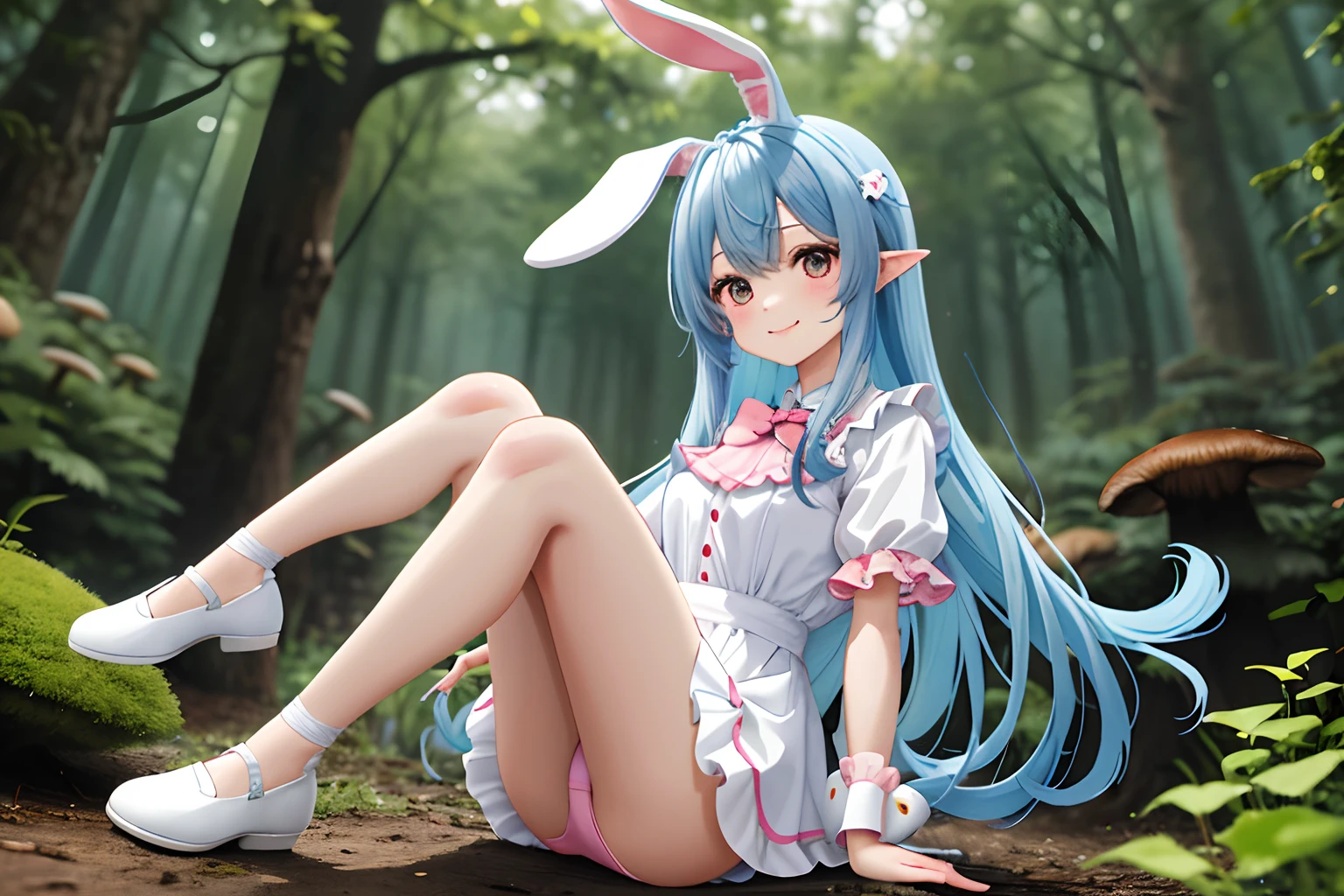 【Top image quality】Kawaii Girl　in woods　Forest creatures　bunny rabbit　dark circles　a squirrel　There is also a。There are also mushrooms。Eared rabbit　bare-legged　Cute white costume　rabbitears　shortsleeves　Long blue hair　Twin-tailed　A charming smile　Pink panty