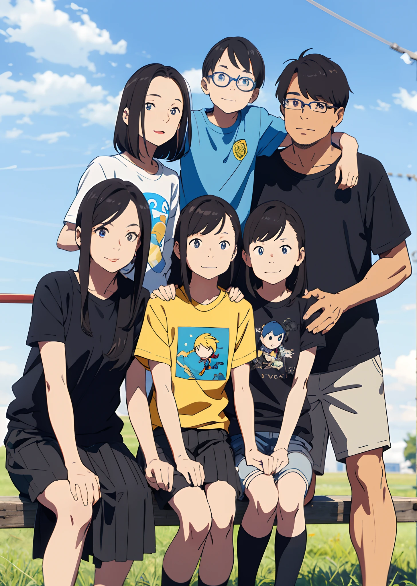 anime
35-year-old short-haired with glasses and stubble、Husband in shorts on t-shirt
40 year old black hair short bob wife in T-shirt and long skirt
The eldest daughter of a 6th grade elementary school student with black straight hair in glasses
The second daughter of a 4th grade elementary school girl with middle hair with habitual hair in glasses
Third daughter with short bob with crisp eyes in kindergartener
Blue sky background
Family photo in the park