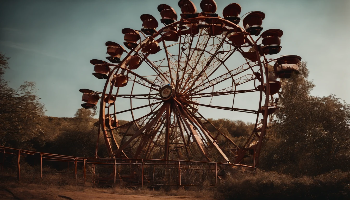 Rusty and abandoned creepy amusement park, atmosfera sombria, lighting dramatic, detalhes intricados, dia nublado, qualidade 8k, foco nítido