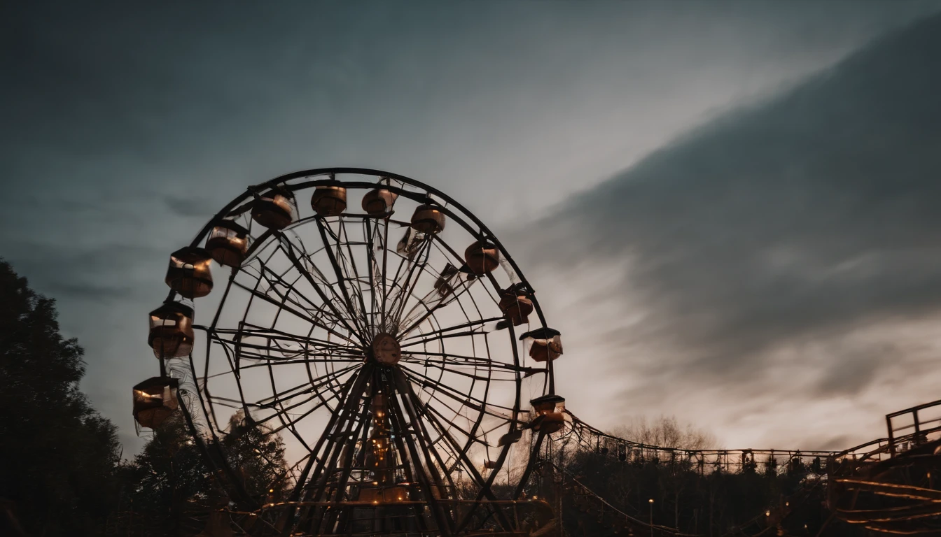 Rusty and abandoned creepy amusement park, atmosfera sombria, lighting dramatic, detalhes intricados, dia nublado, qualidade 8k, foco nítido