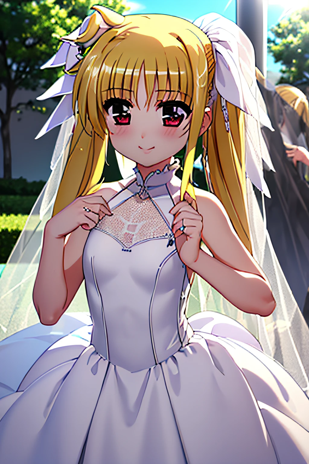 Life activities, one girls, ((chies:2.5)),(masutepiece:1.2), 独奏,Outdoors,Best Quality,Best Beautiful Girl, High resolution, Unity 8k壁纸, (Illustration:0.8), Perfect Lighting, extremely details CG, (Perfect hands, Perfect Anatomy),model poses,Eyes open,(masutepiece:1.2), Best Quality, Fate Testarossa, 1girl in, Long hair, a blond,Twin-tailed, a black ribbon,((wedding dress:1.5)), Park, High resolution, Unity 8k壁纸, (Illustration:0.8), extra detailed face, Perfect Lighting, extremely details CG, (Perfect hands, Perfect Anatomy),masutepiece, Best Quality,Cowboy Shot,red blush,9years old、tiny chest,looking happy smile,girl with,