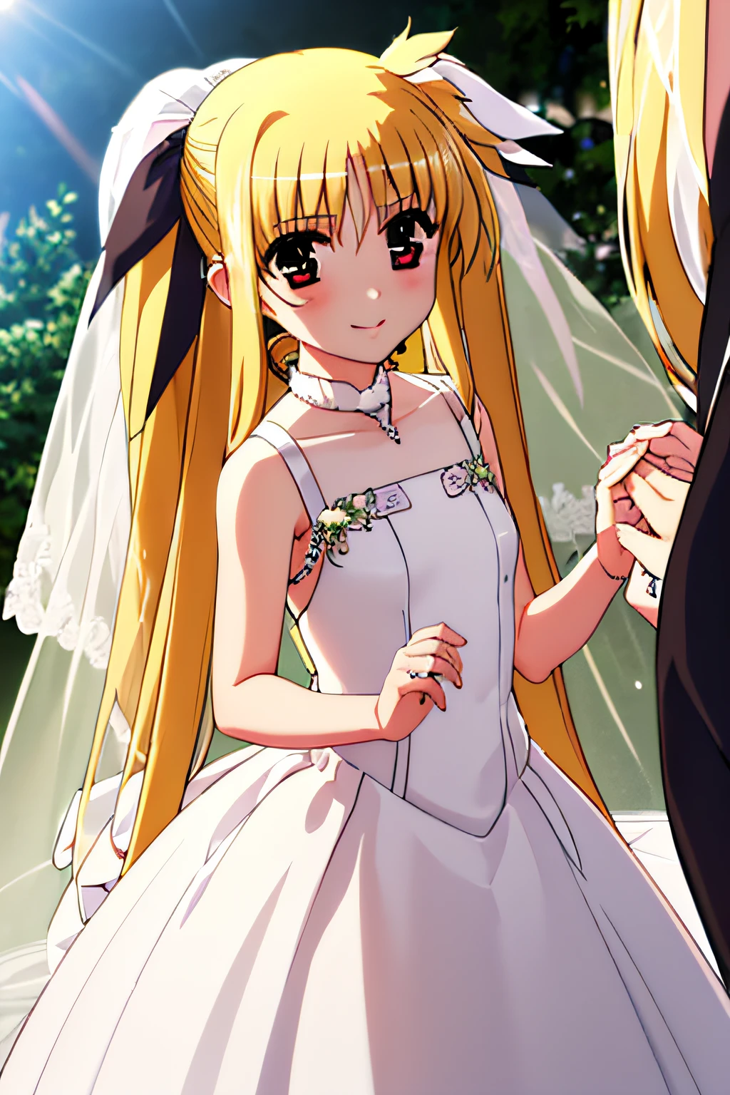Life activities, one girls, ((chies:2.5)),(masutepiece:1.2), 独奏,Outdoors,Best Quality,Best Beautiful Girl, High resolution, Unity 8k壁纸, (Illustration:0.8), Perfect Lighting, extremely details CG, (Perfect hands, Perfect Anatomy),model poses,Eyes open,(masutepiece:1.2), Best Quality, Fate Testarossa, 1girl in, Long hair, a blond,Twin-tailed, a black ribbon,((wedding dress:1.5)), Park, High resolution, Unity 8k壁纸, (Illustration:0.8), extra detailed face, Perfect Lighting, extremely details CG, (Perfect hands, Perfect Anatomy),masutepiece, Best Quality,Cowboy Shot,red blush,9years old、tiny chest,looking happy smile,girl with,