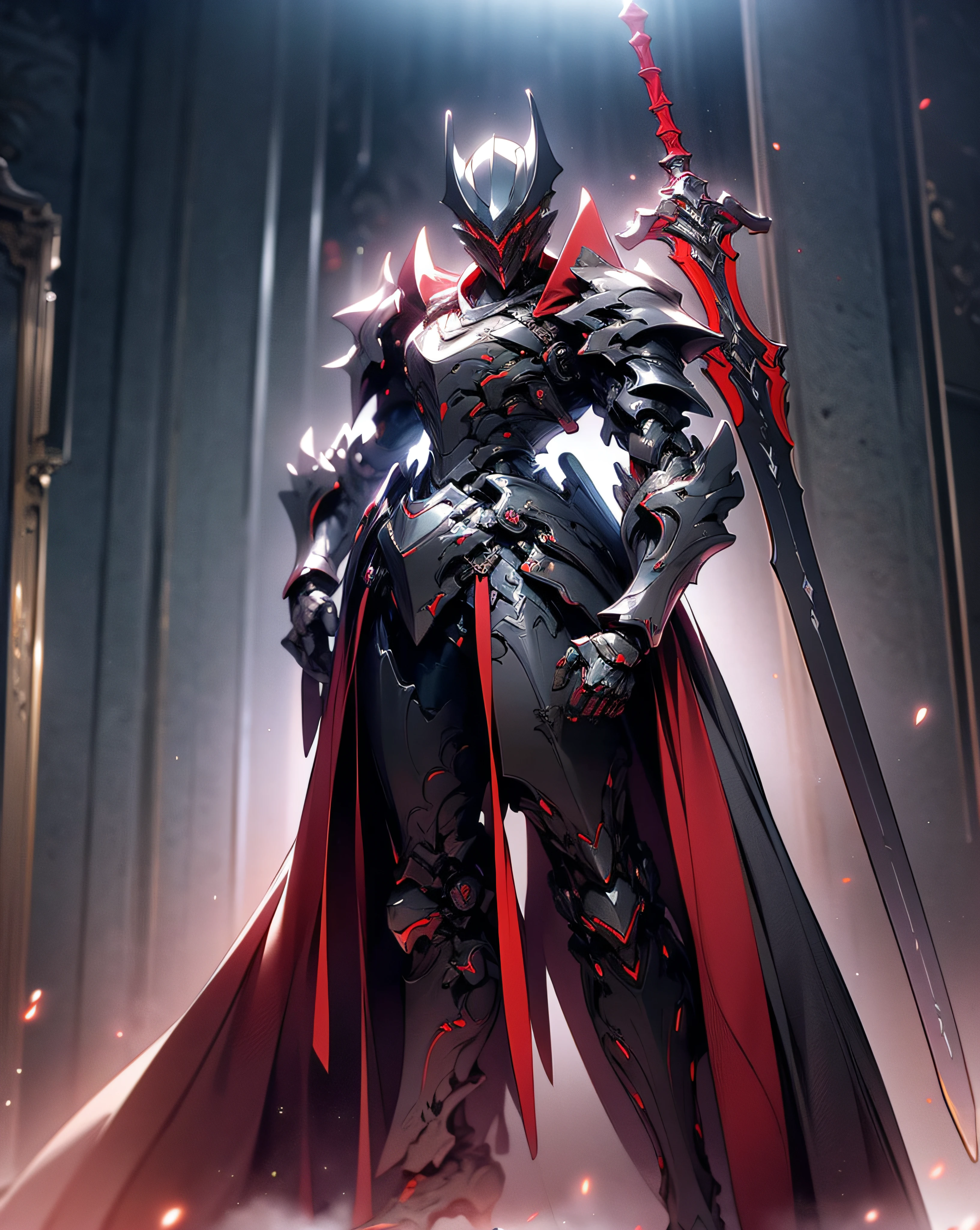 anime character with sword standing in front of a building, fallen knight, from arknights, gothic knight, evil knight, the style of wlop, fantasy knight, knight, royal emperor, dark souls knight, off-white plated armor, wearing heavy armor with cape, black heavy armor with gold trim, smooth anime cg art, artorias, glowing sword, (perfect figure)