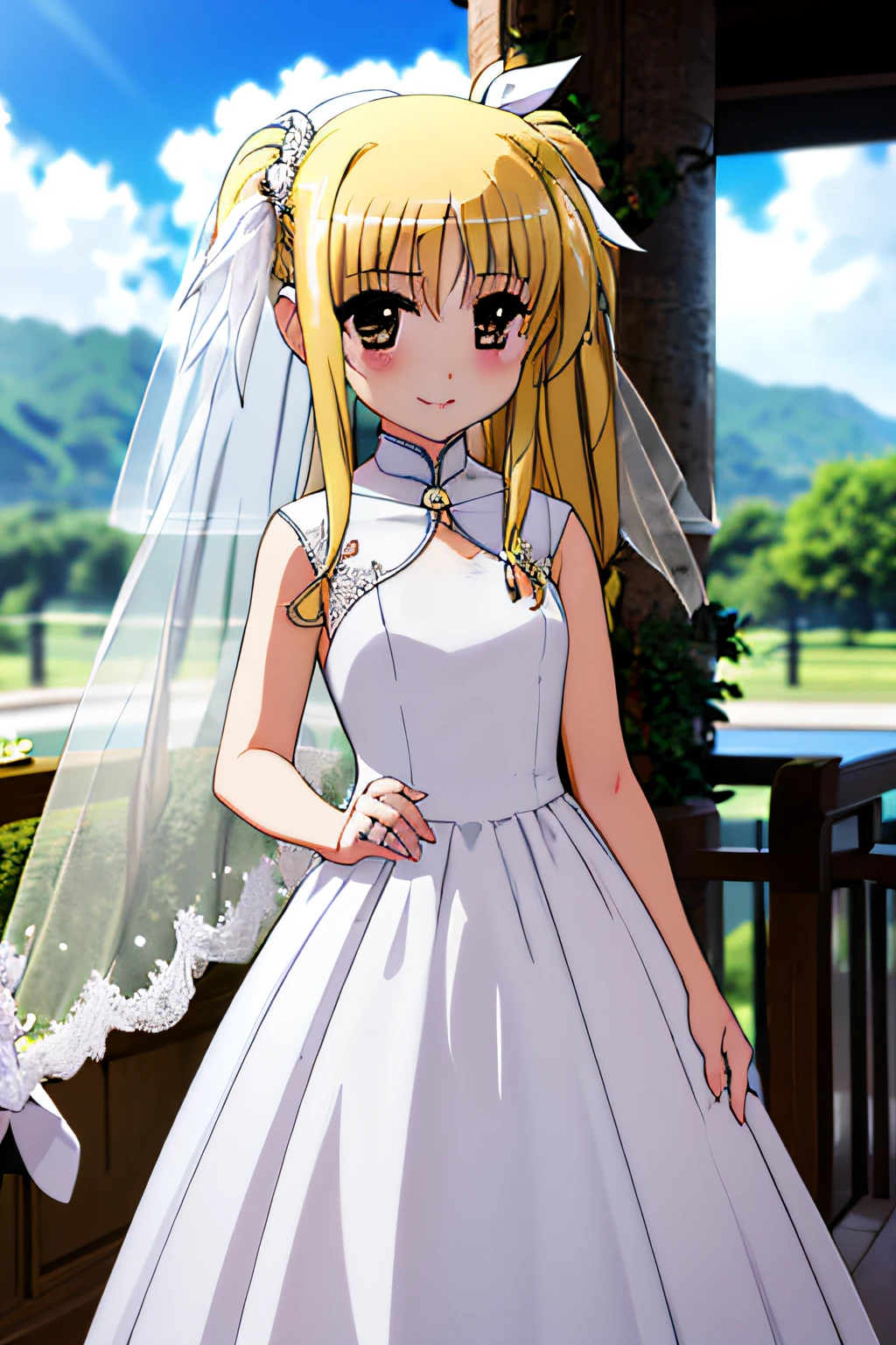 Life activities, one girls, ((chies:2.5)),(masutepiece:1.2), 独奏,Outdoors,Best Quality,Best Beautiful Girl, High resolution, Unity 8k壁纸, (Illustration:0.8), Perfect Lighting, extremely details CG, (Perfect hands, Perfect Anatomy),model poses,Eyes open,(masutepiece:1.2), Best Quality, Fate Testarossa, 1girl in, Long hair, a blond,Twin-tailed, a black ribbon,((wedding dress:1.5)), Park, High resolution, Unity 8k壁纸, (Illustration:0.8), extra detailed face, Perfect Lighting, extremely details CG, (Perfect hands, Perfect Anatomy),masutepiece, Best Quality,Cowboy Shot,red blush,9years old、tiny chest,looking happy smile,girl with,