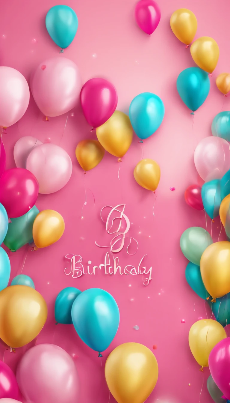 Happy Birthday Letter Logo、Pink text、Multicolored balloons on background、Pop illustration style、