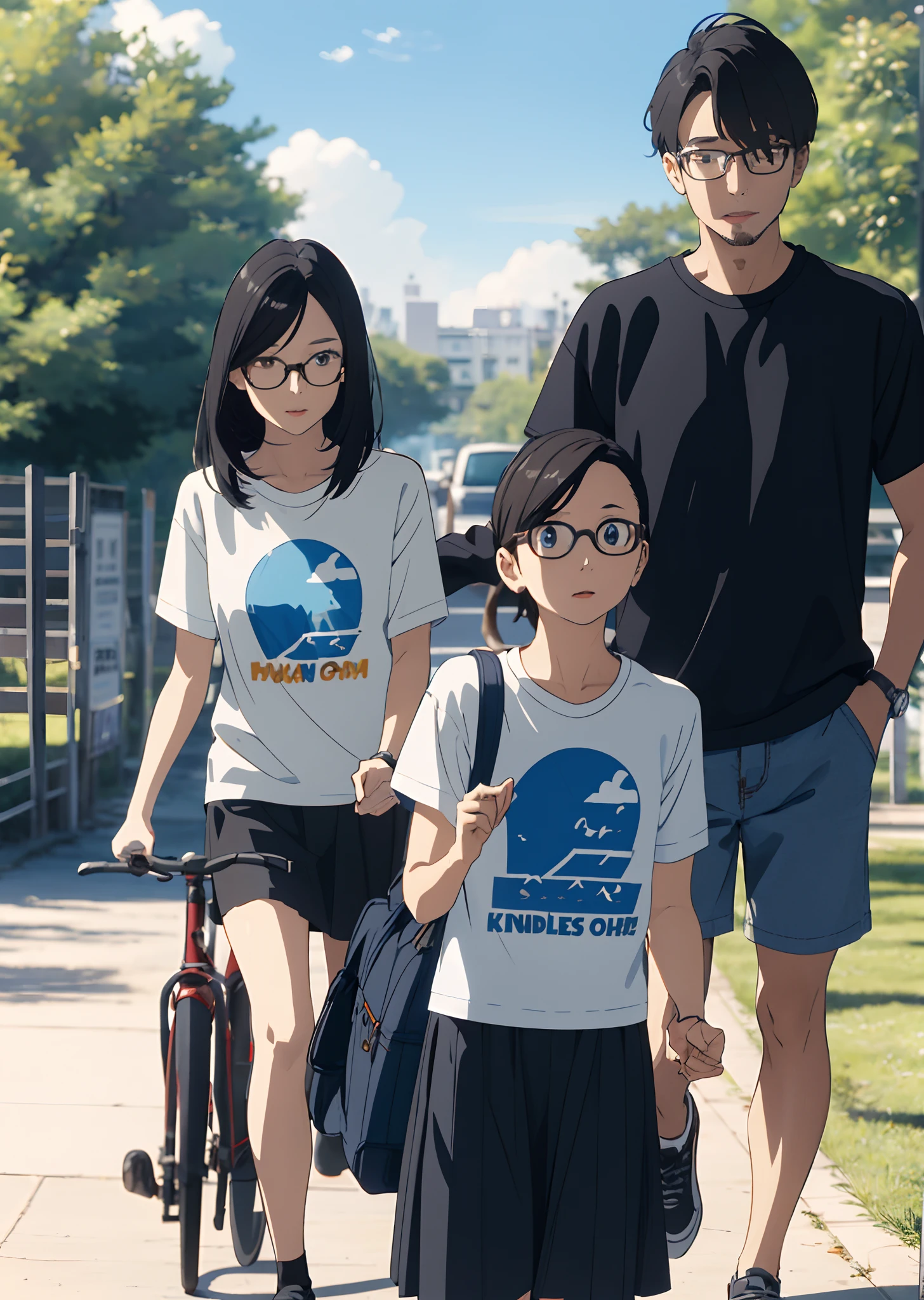 anime
35-year-old short-haired with glasses and stubble、Husband in shorts on t-shirt
40 year old black hair short bob wife in T-shirt and long skirt
The eldest daughter of a with black straight hair in glasses
The second daughter of a 4th grade elementary school girl wil hair in glasses
Third daughter with short bob with crisp eyes in kindergartener
Blue sky background
Family photo in the park