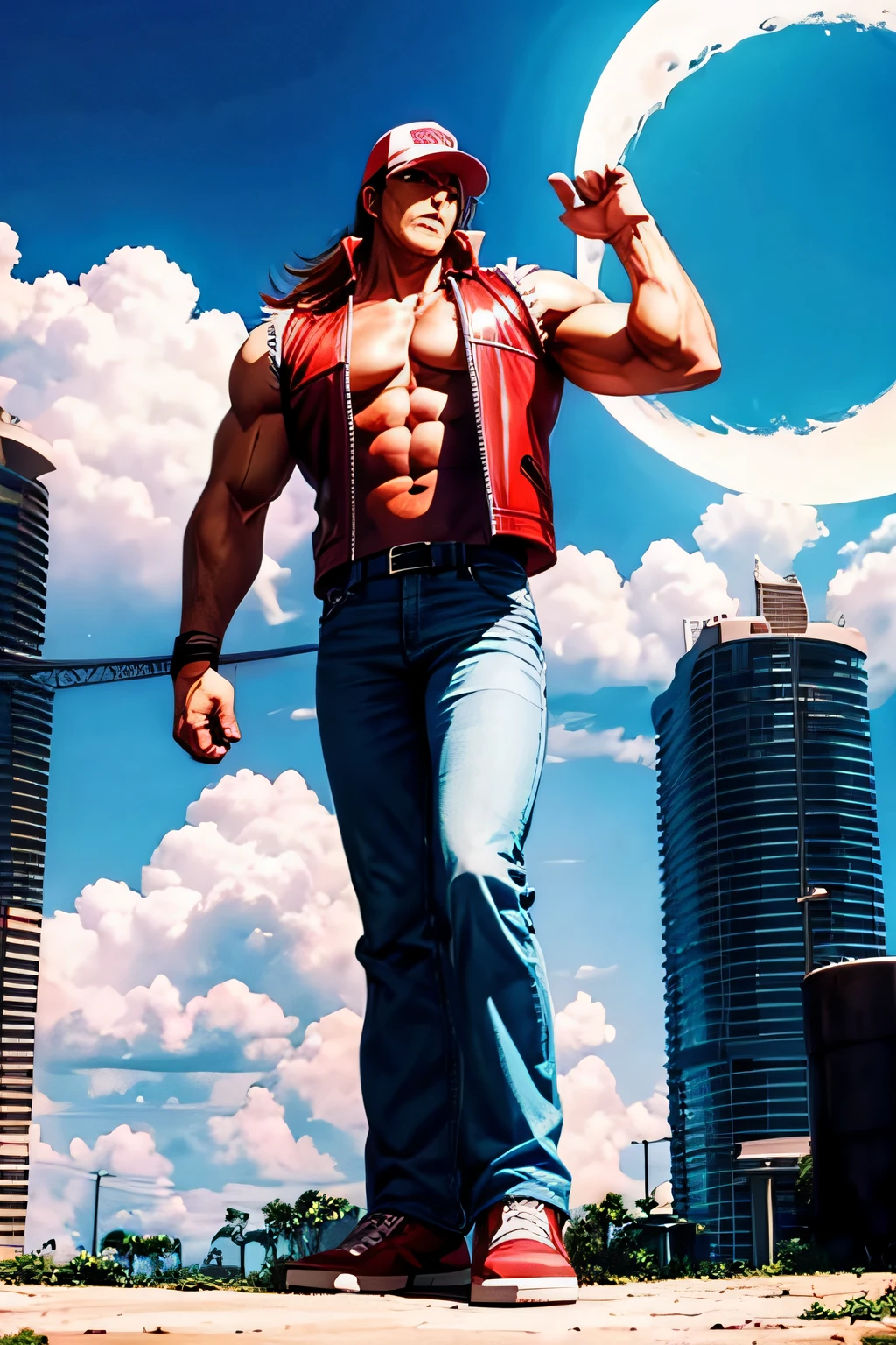 Terry Bogard looking up at the moon standing somewhere in the city of Miami