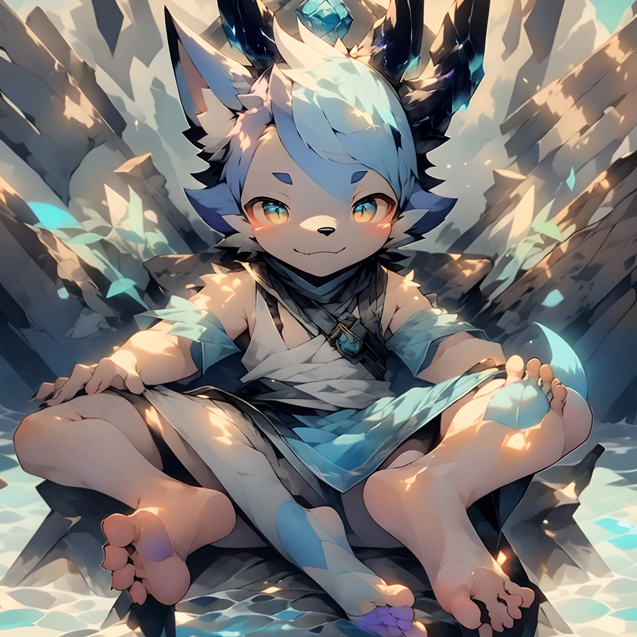 Little boy with purple hair,Barefoot and purple little feet, He sat on top of the tower, It is covered with blue roses, And pray, Fog lights, Impresionismo, 2D, (Thorns: 1.1), (dead tree: 1.1) focus on feet, Close-up of feet,cub, clawed paws, Blue fur is of the best quality,4K,A high resolution,Masterpiece:1.2,by Pino Daeni, canyne khai, milkytiger1145, Dagasi, Yupa,