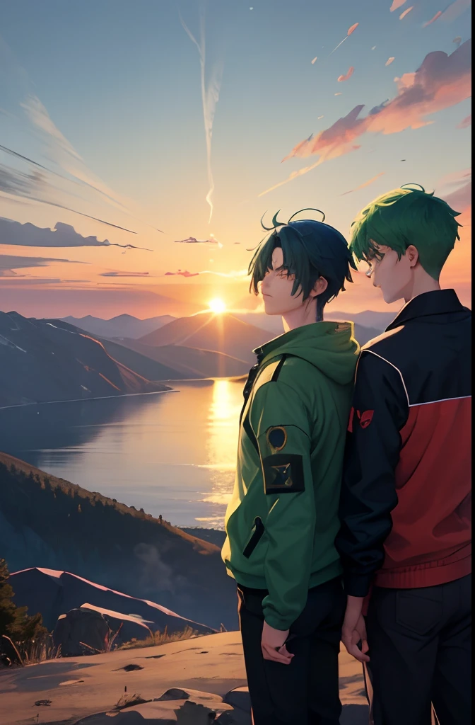[1 boy with green hair back facing viewers standing 29 years old on a mountain with sun rise] [on the right side of the green hair boy 1 boy with navy blue hair is standing 29 years old back facing the viewer] [ the green hair boy and the navy blue hair boy's hand is tied with red string]
