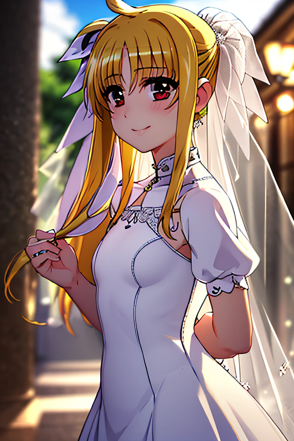 ((masterpiece,best quality)), absurdres, Lillie_Pokemon, solo, looking at viewer, cowboy shot, indoors, cinematic composition,  (young:1.9) (breasts:1.3) short (pregnant:0.7) smile, wedding dress, wedding ring,