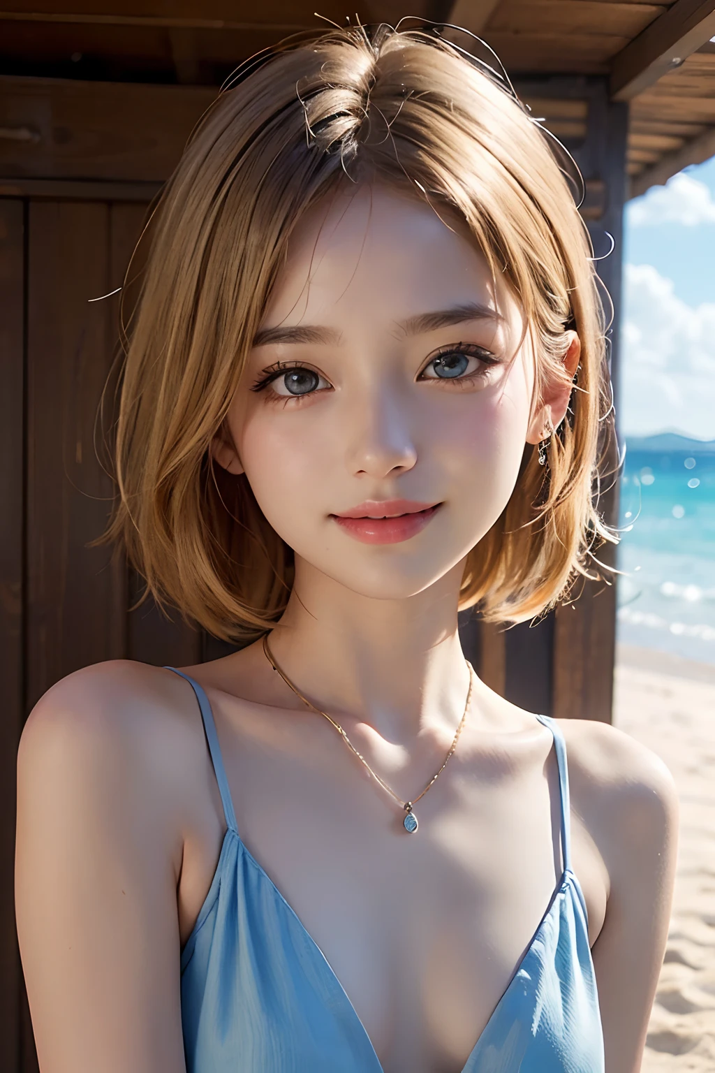 (Best Quality,4K,8K,hight resolution,masutepiece:1.2),Ultra-detailed,(Realistic,Photorealistic,Photorealsitic:1.37), short blonde hair,piercings、a necklace、  female child,Young features、Small face、Light blue eyes、Ultra-thin body、Attractive eyes、Super super small breasts、 Shy and cute face, Beautiful smile,Cute smile like a 10-year-old child、no-makeup、Please be drawn with a 10-year-old o Bikini、The background is the beach、More beautiful and adorable than anyone else in this world、