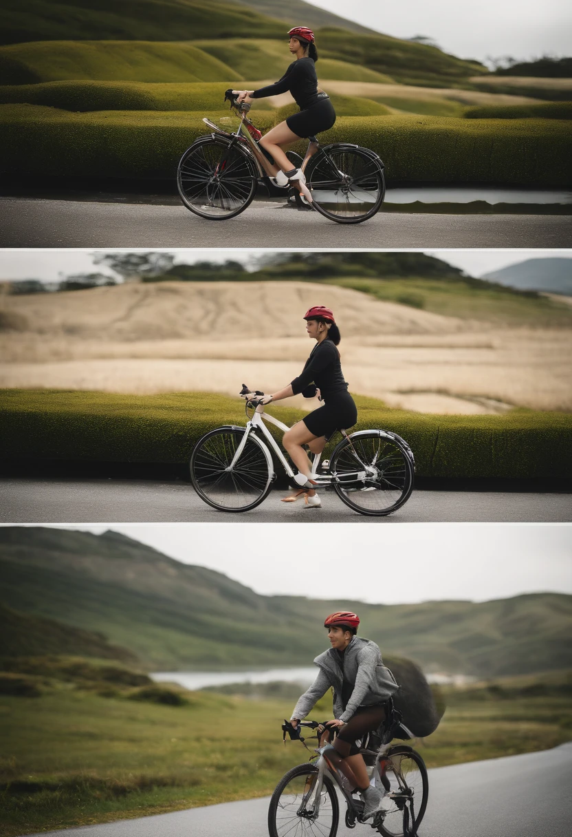full bodyesbian、Push the bike by hand、40 year old Japan woman、Pubic hair shows through、Sportsbra、poneyTail、Rainy coast、Beautiful fece、cinematic、Photos taken by professional photographers with SLR cameras、high-level image quality、vivid、8k、Slim model body shape、Split abs、Walking while pushing the bike with your hand