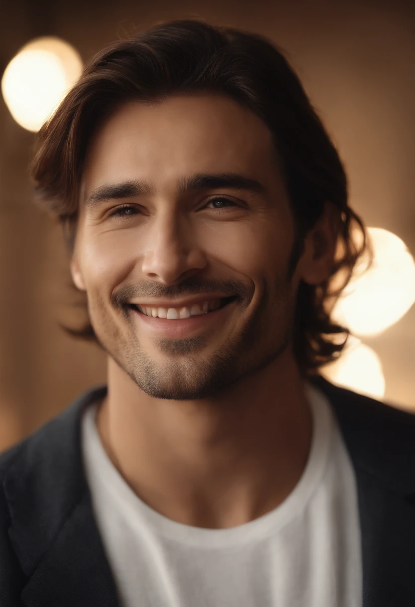 (Photo: 1.3) in the (Realism: 1.3), masculine face, Talking to a woman、Soft light, Face Focus, ((((White T-shirt))) Happy, Cheerful, Smiling, Warm light, ((Blank background)) , profile image, (long-haired or short-haired), Smiling, Handsome, 年轻, , Short hair, Smiling