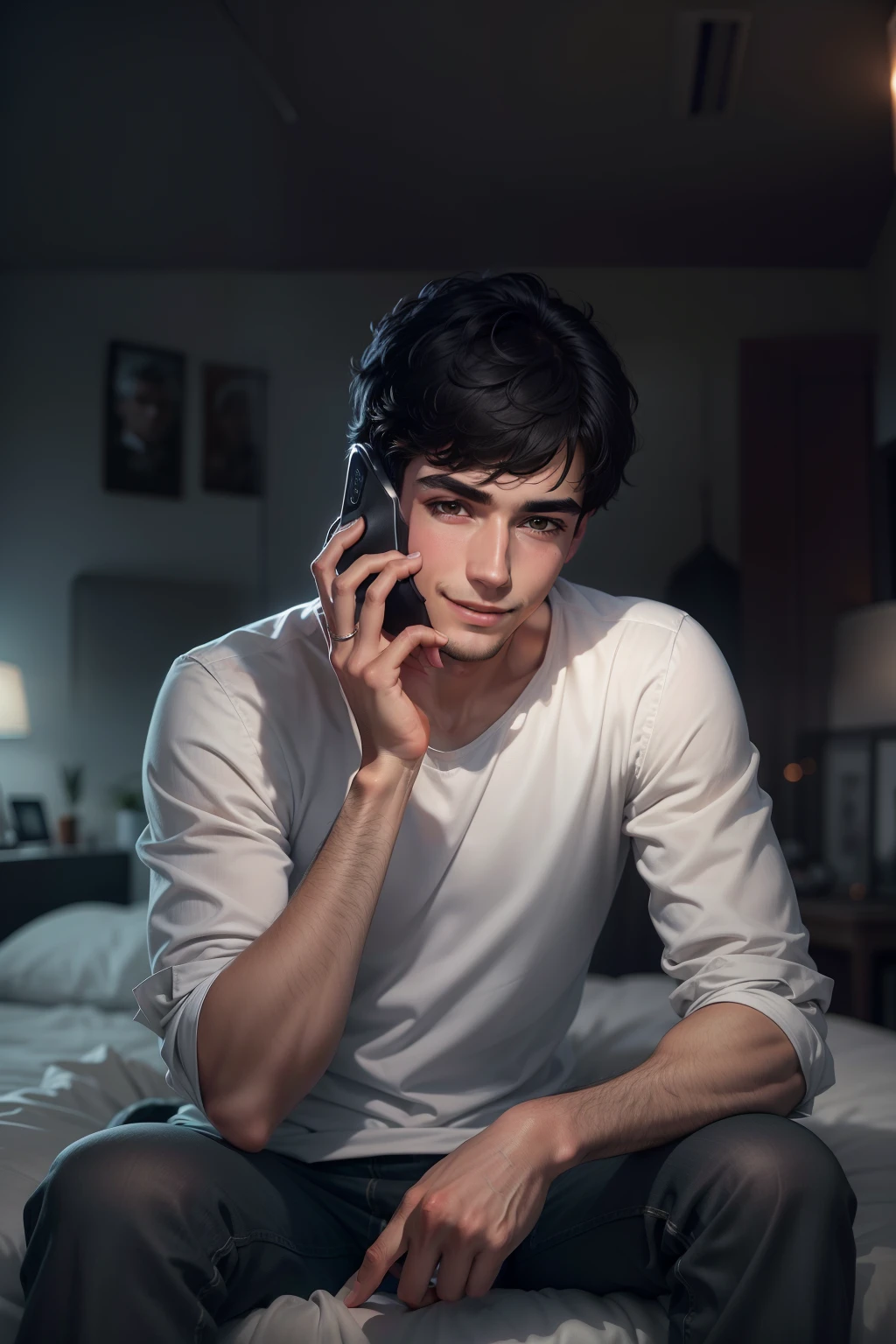 Ultra-realistic image of a 25-year-old man, Short black hair, Wearing a plain white blouse, sitting on a bed, Talking on a cell phone, a smile、expressioness, Night