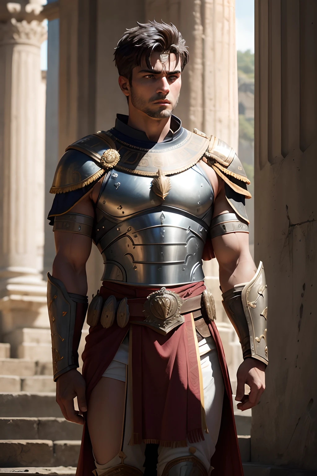 Portrait, 1boy, 20 years old, armor, warrior, bbreastplate armor, cape, armor shoulder pads, beuatiful armor, roman warrior skirt, ancient Rome, handsome, Greek model, ginger boy, readhead, red-hair, albino, pale skin, green eyes, symmetrical, focus on the boy, medium shot, looking at the camera, film grain, young god greek, beauty, pose, super model, warrioir, young god greek beauty, representation of a Greek god, glorious, majestic, supreme, nature, artistic portrait, artistic pose, photography award, realistic, heroic}