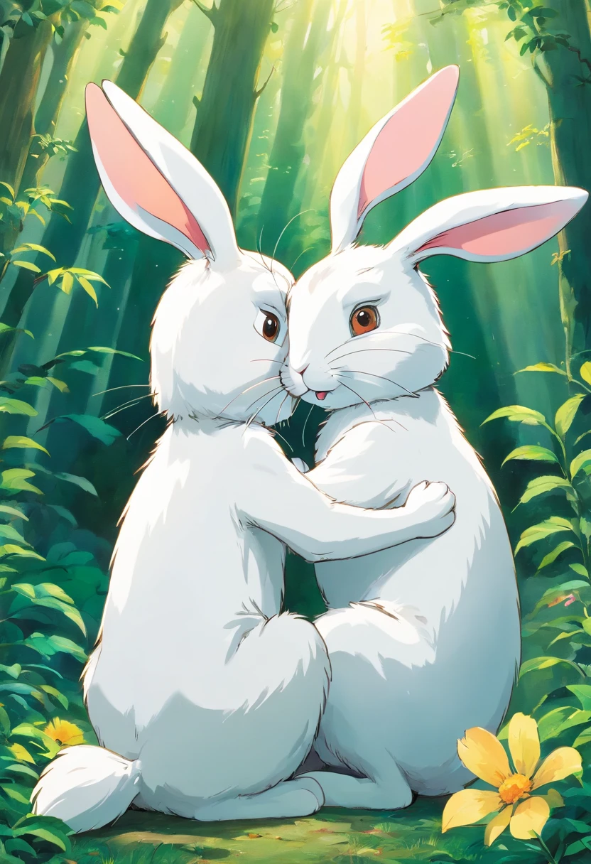 two rabbits are hugging each other