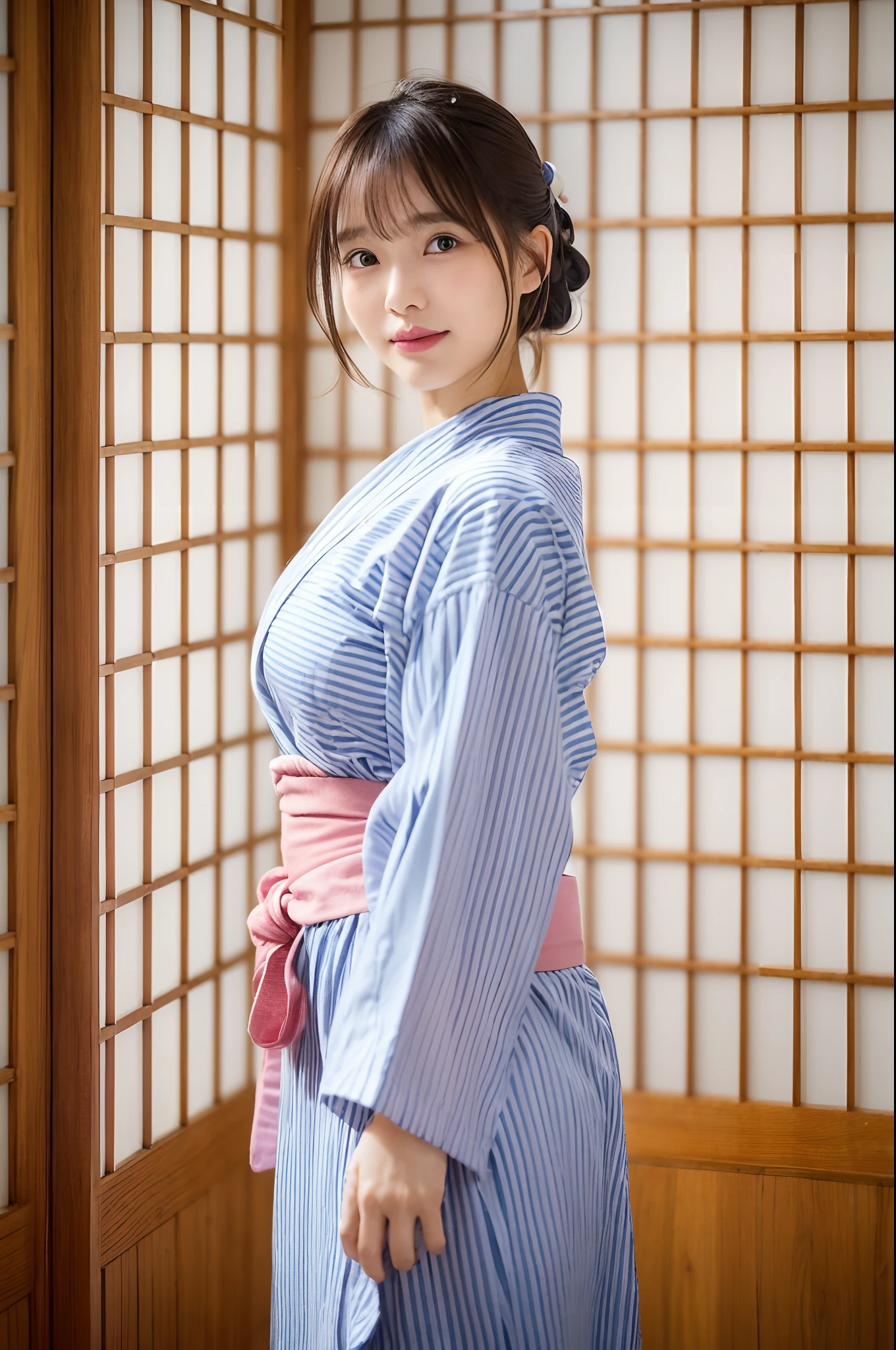 (natta:1.7), East Asian Architecture, 1womanl,Sitting on tatami mats, brunette color hair，（hair between eye）, Lip flap, ,Beautiful fingers,Beautiful long legs,Beauty Body，Cute nose，Beautiful character design，perfect  eyes，face perfect，looking at viewert，（Innocent_Big_Eyes：1.0），（light_Smile：0.3），offcial art，Very detailed CG Unity 8K wallpaper，Perfect litthing，highly colorful，Bright_front_Face_Lighting，（tmasterpiece:1.0),(best_quality:1.0), 超A high resolution,4K,ultra - detailed, photography of, 8K, nffsw, hight resolution, absurderes:1.2, Kodak Portra 400, film grains, the background is blurred, Bokeh:1.2, Lens Flare Glow, ( Vibrant_Color:1.2) (Beautiful,Large_breasts:1.4), (Beautiful_Face:1.5),(narrow_waist-up),8K,Raw photo, 、Relax at a ryokan in Japan、The background is the open-air bath at night at a hot spring inn (Girls are not subjects:1.3) (Hair after a bath:1.3),(Hair is wet:1.3) ((Girls are not subjects:1.2))((Draw a wide night background:1.2),((Yukata with light blue stripes isolated on white background:1.3)),(Yukata does not need gloss at all:1.5)),((No need for a Korean yukata or Korean-style hairstyle.:1.5)),((Faithfully and realistically reproduce a pure Japan yukata:1.5))((Light Pink Band:1.3)),((The background is the entrance living room、At night, Overlooking the inn's large and beautiful gardens..:1.3)),((8th class))、((Light Pink Band:1.5)) ((Beautiful shiny straight short long:1.5)) sixteen years old、((Beautiful shiny straight short long:1.5))((Pink Band))、((The color of the yukata is pink:1.3),(Faithfully and realistically reproduce the obi of a yukata:1.3) ((Faithfully and realistically reproduce a pure Japan yukata:1.5)),((Walking through the corridors of the inn at night:1.3))a sense of depth、Night Hostel　There are small lights and flowers in the hallway. (When you open a window, You can see a beautiful sunset outside.:1.3) sixteen years old、((Beautiful shiny straight short long:1.5))((Window lattices should be small、Faithful and accurate reprodu