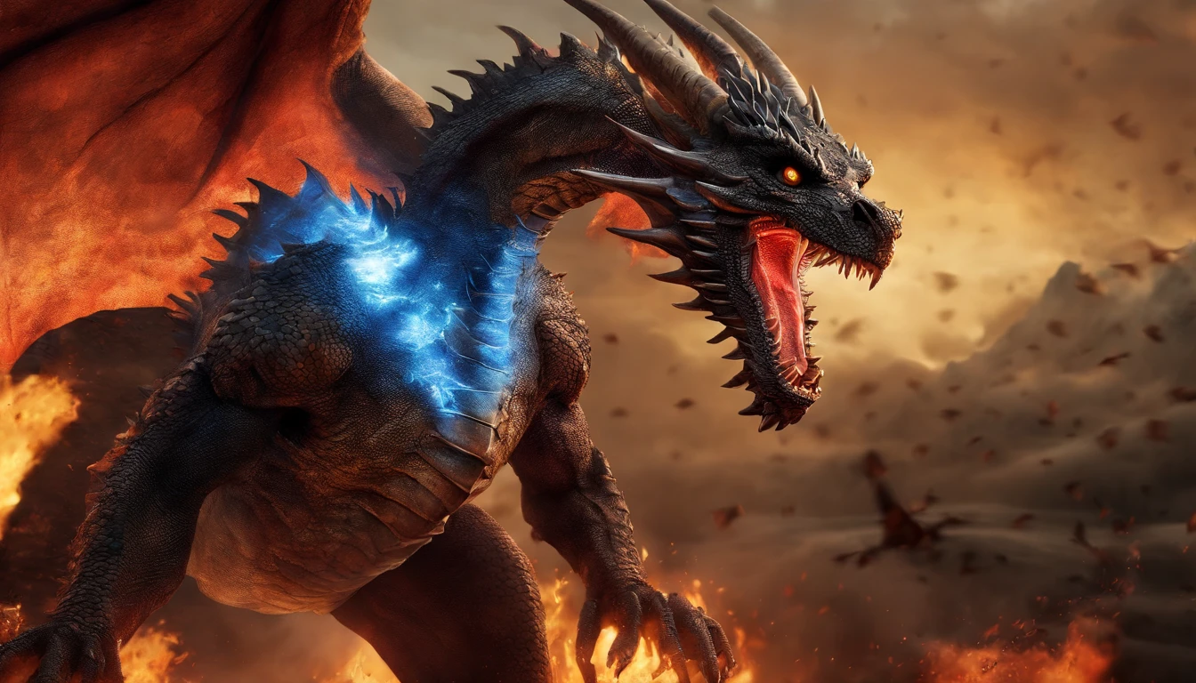Realistic photos, RAW Photos, Bahamut, attacks viewer, Powerful movements, jump on prey, ((Dynamic jump)), Sharp Claws, Bahamut approaching from above, sudden approach, Bad-tempered, dynamic Shot from grand, flame magic