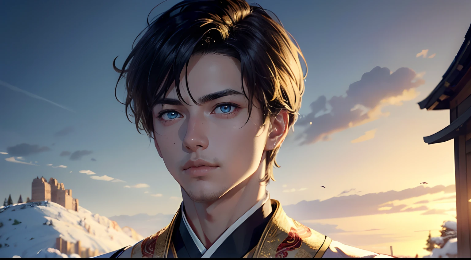 (Highest resolution, distinct_image) Best quality, A masterpiece for men, 1male people,Libido boy,Golden pupils glow,Highly detailed, Half realistic, with short golden hair, Smooth hair, -yead, yoe boy,short detailed hair,White period costume,Hanfu, Set with gold silk thread,Rust lines on clothes,Cold, Tall and handsome, authoritative, Powerful, Exquisite facial features,(half-body shots),Detailed hand depiction,Handsome,Stand on the hillside,Nice looking sunshine,Very detailed CG unity 8k wallpaper),best qualtiy,,独奏,cinmatic lighting,detailed back ground,the detail,Bright pupils,(very refined),(Detailed eyes description),ultra - detailed,tmasterpiece,)),