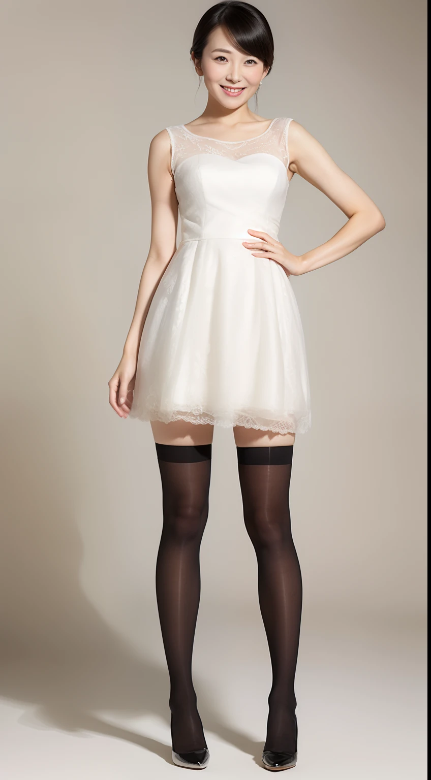 Masterpiece,Best quality, (maam. clerk:1), ((Portrait:1.3)), Cross arms, Smile,Professional Dress,Long legs,skin hyper-detail,Clear pores,in a panoramic view,Cocked buttocks,black lence stockings,Beautiful young Japanese woman over 40 years old, Perfect face, Fantastic look, (Detailed facial features), Clean and nice face