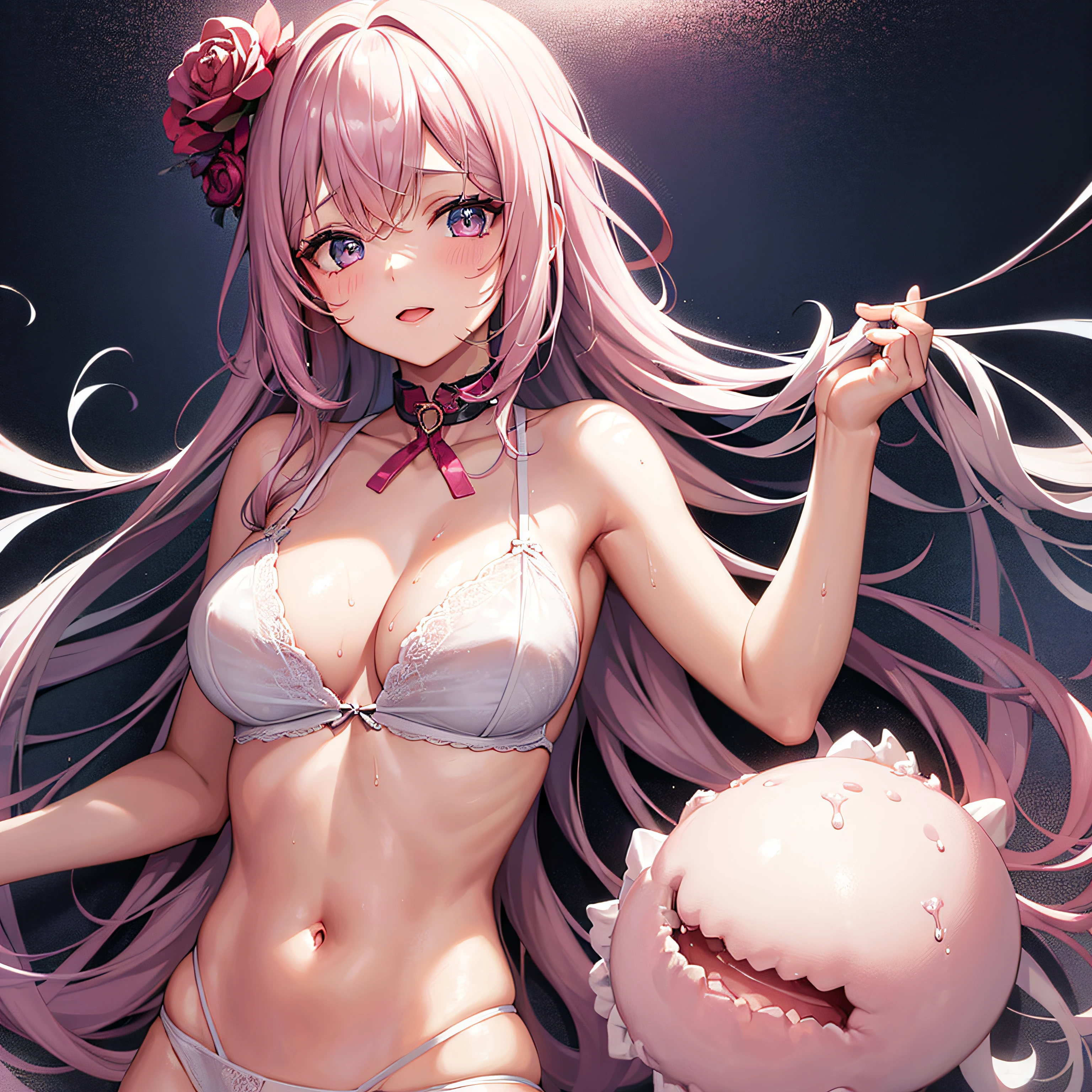 1girl, cabeza, labios gruesos, cabello rosado, sentado, glistening wet skin, vestida como una colegiala, Bigchest, teta enorme