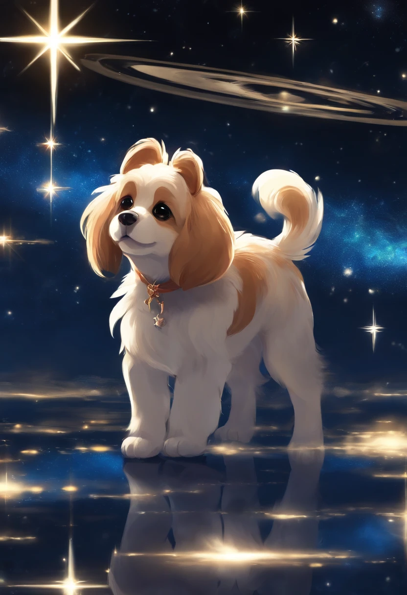 Anime Starfield,a puppy dog,Walk happily with your tail cocked,The dog appears,4K clarity,Anime dogs,The painting style heals itself