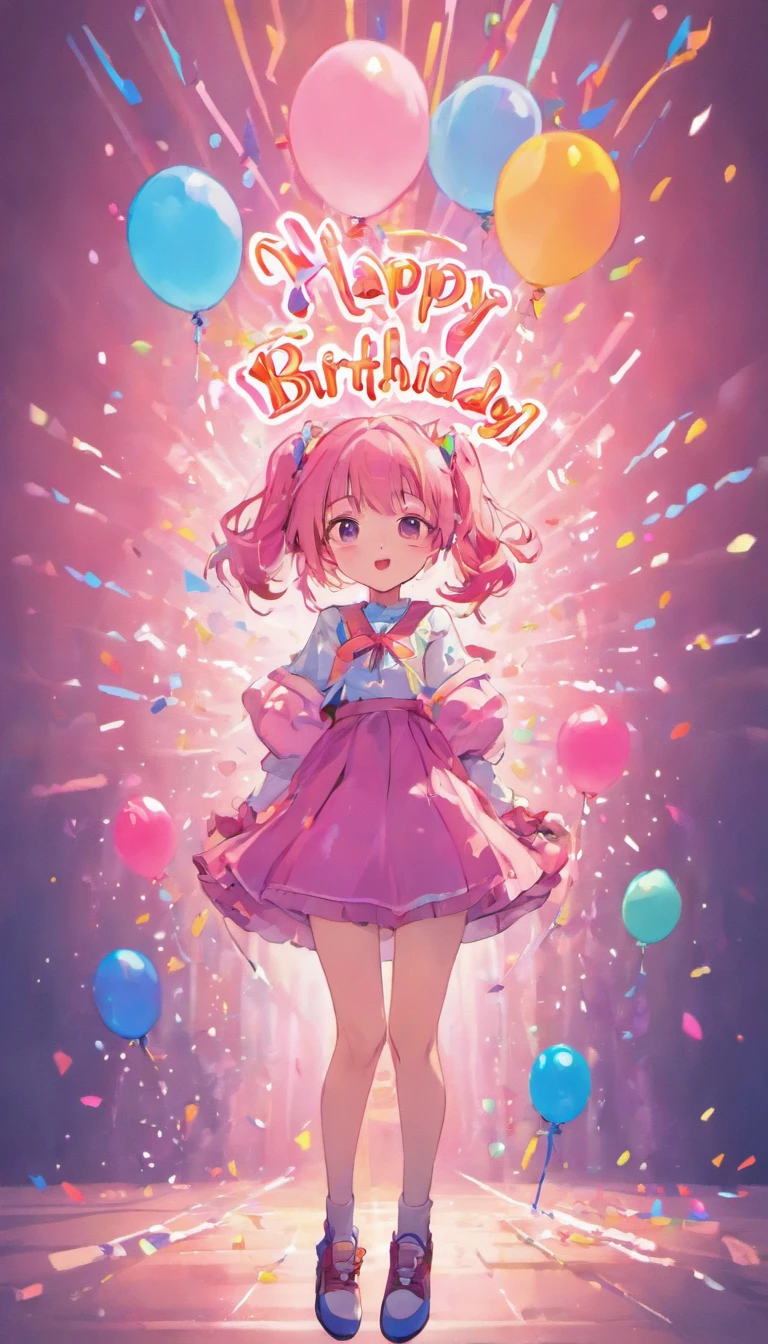 Happy Birthday Letters、Pink text、Multicolored balloons isolated on white background、Hip-pop illustration style、