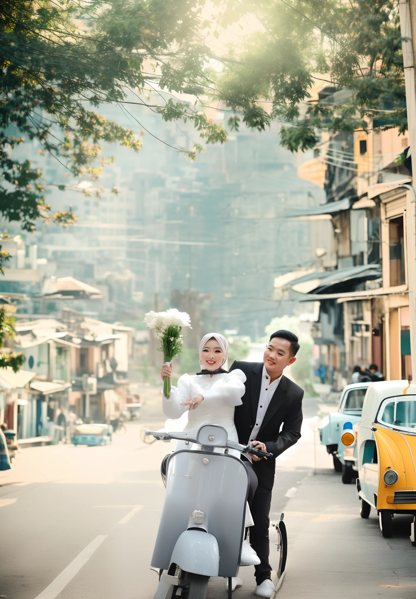 bride and groom on a scooter in a city street, happy couple, lovely couple, happy, by Basuki Abdullah, wedding photography, ao dai, wonderful, wedding photo, in city street, monochrome, luxurious wedding, plain, in modern era, 🤬 🤮 💕 🎀, by Ibrahim Kodra, bride and groom, celebrating, wedding, a long shot