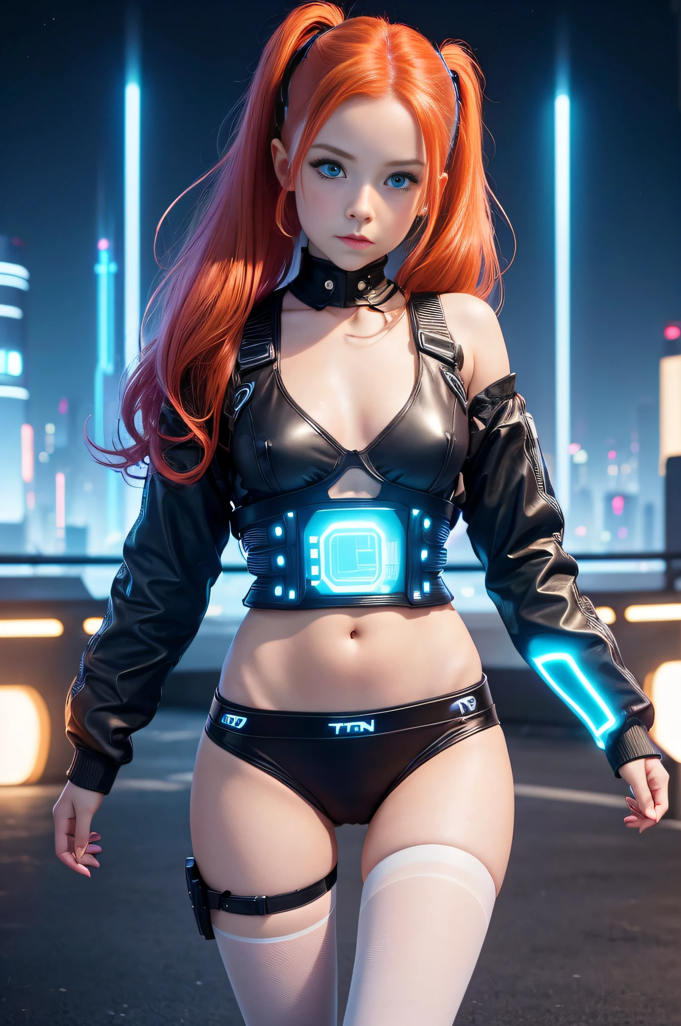 1 girl, solo, (nsfw), cute redhead 18-year-old girl in twin tails, ((perfect female body)), (cute face make up), multiple (rainbow colored hair: 1.2), (beautiful detailed blue eyes: 1.6), (photo realistic eyes: 1.6), happy, Ukrainian, (petite body), ((small hips)), pale white skin, (mini skirt and tube top), (thin pantyhose: 1.6), (("TRON LEGACY futuristic city" style background)), (night time:1.2), photo realistic.