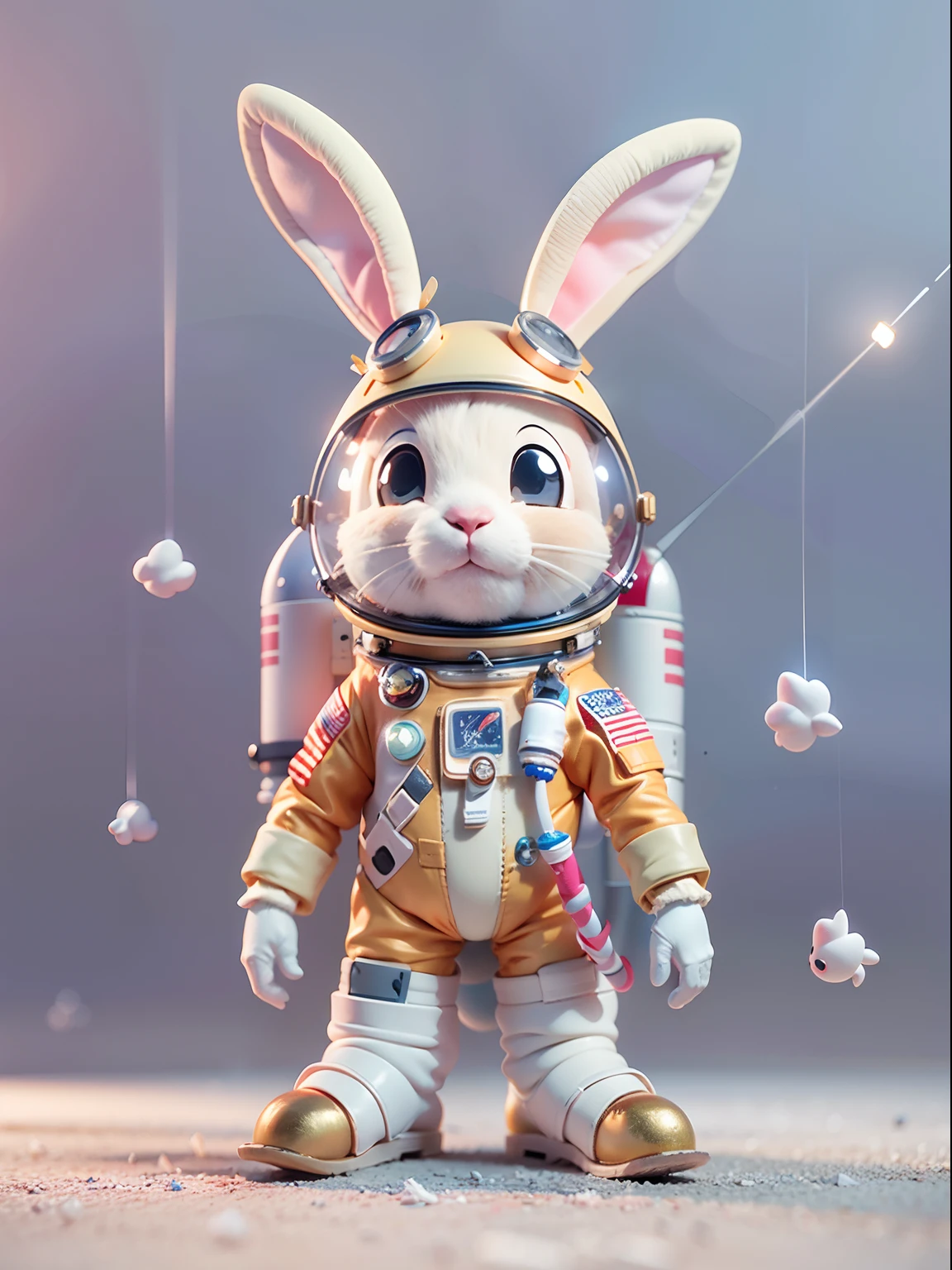 Cartoon bunny astronaut with space rocket,shoe，Rabbit-eared helmet，Transparent helmet，shaggy，adolable，rockets：1.1。 cute 3 d render, Astronaut, rabbit robot,