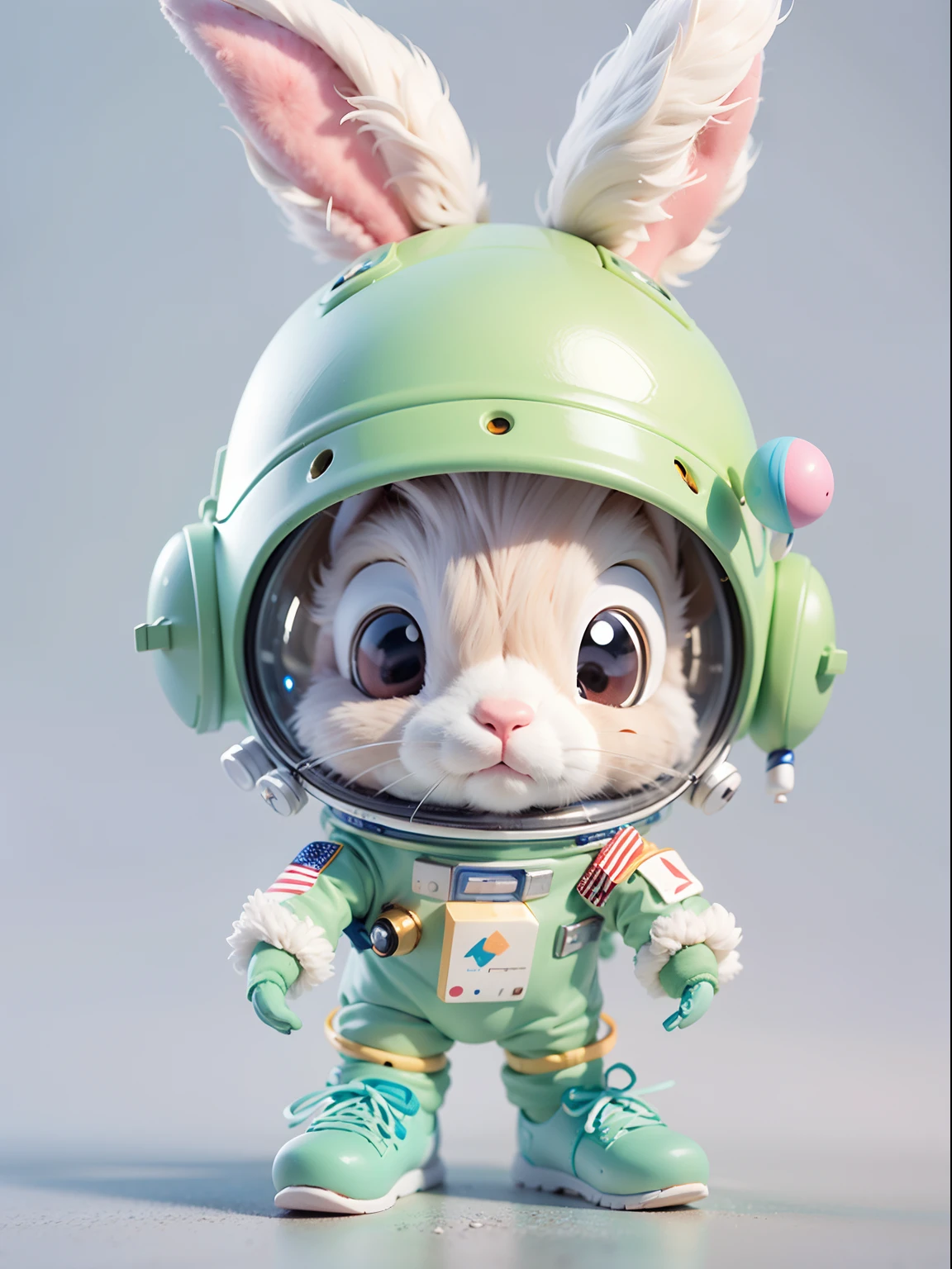 Cartoon bunny astronaut with space rocket,shoe，Rabbit-eared helmet，Transparent helmet，shaggy，adolable，rockets：1.1。 cute 3 d render, Astronaut, rabbit robot,