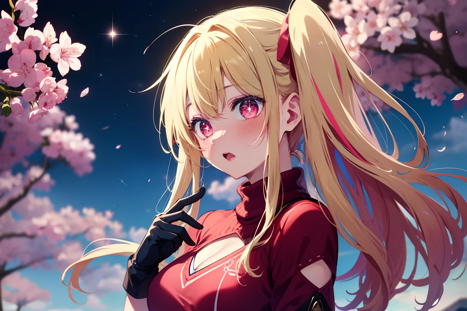 1girl, solo,  Hoshino Ruby, symbol-shaped pupils, (left star-shaped pupils:1.2), sparkling eyes, (star in left eye:1.2), symbol in eye, red eyes, long hair, blonde hair, bangs, blush, (side ponytail:1.1),(masterpiece:1.2), highres, best quality, 8k, very clear,streaked hair, glowing eyes, medium breast, gloves, mouth open singing, 8kmasterpiece, masterpiece, blush, red sweater, cherry blossom background