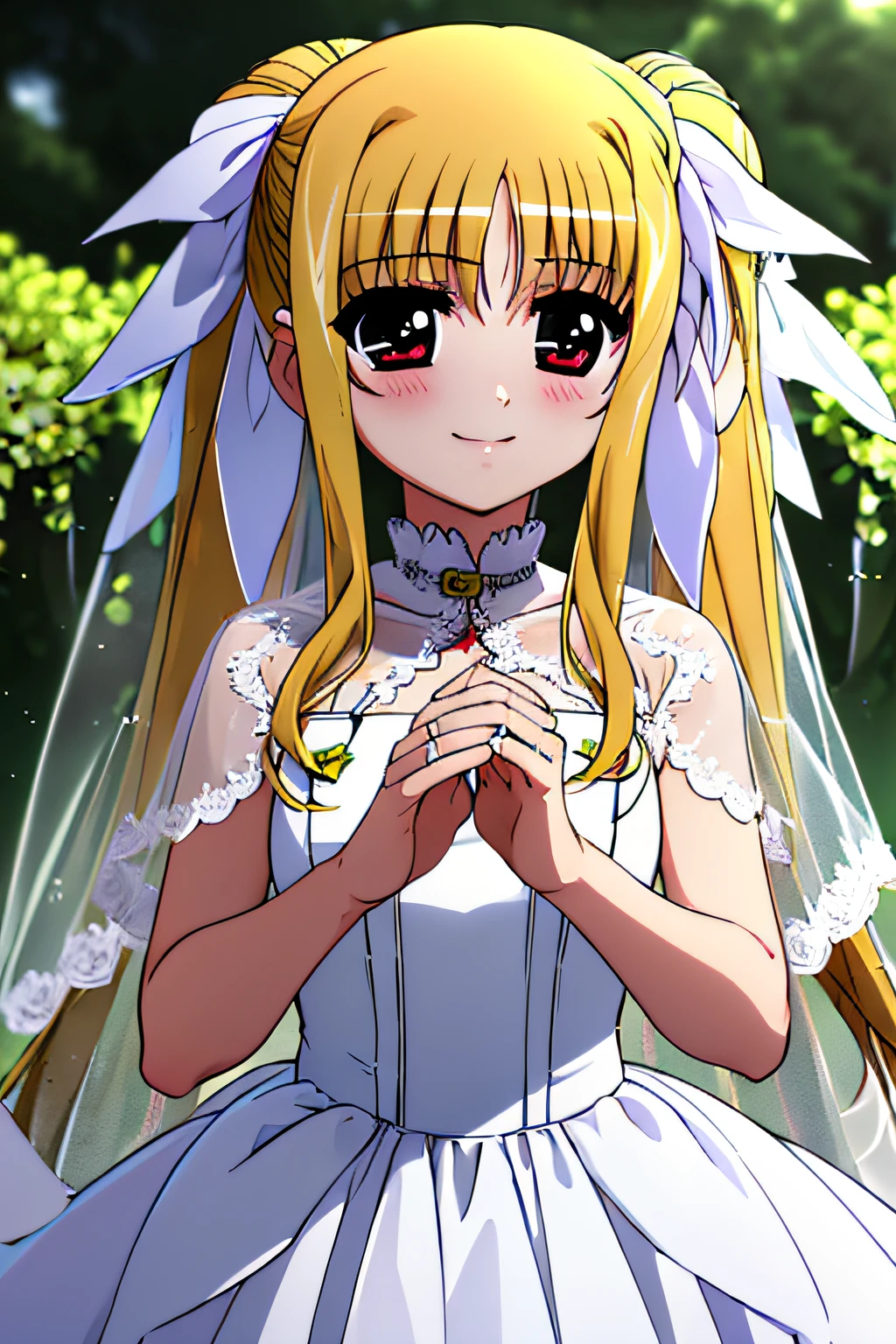 Life activities, one girls, ((chies:2.5)),(masutepiece:1.2), 独奏,Outdoors,Best Quality,Best Beautiful Girl, High resolution, Unity 8k壁纸, (Illustration:0.8), Perfect Lighting, extremely details CG, (Perfect hands, Perfect Anatomy),model poses,Eyes open,(masutepiece:1.2), Best Quality, Fate Testarossa, 1girl in, Long hair, a blond,Twin-tailed, a black ribbon,((wedding dress:1.5)), Park, High resolution, Unity 8k壁纸, (Illustration:0.8), extra detailed face, Perfect Lighting, extremely details CG, (Perfect hands, Perfect Anatomy),masutepiece, Best Quality,Cowboy Shot,red blush,９years old、tiny chest,looking happy smile,girl with,