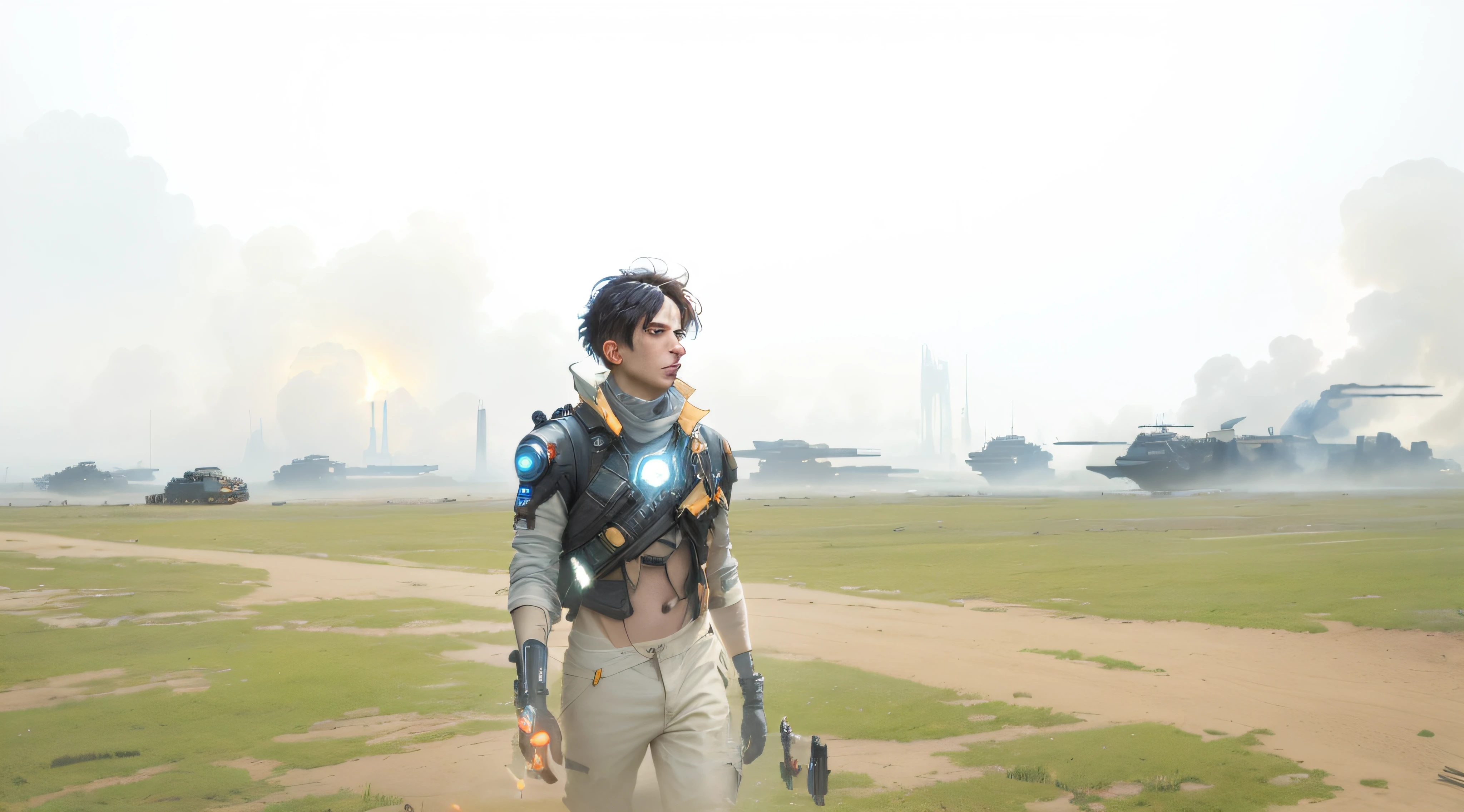 cypunk, futuristic, mechanic, dystopia, trending on artstaion, by greg rutkowski, 8k, boy, glowing eyes, smoke and fire, glowing power aura, dynamic view