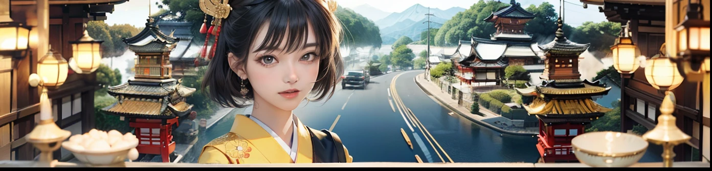 Detailed background(Bridge over a deep valley)、(Gorgeous and elegant backgrounds:1.2), standing on a bridge、BREAK,elaborate costume{Luxury kimono(Colorful kimono(Detailed golden embroidery,))}、(Japanese Idol(actress):1.2)(face perfect:1.2),Depict a beautiful and graceful woman of Japan。glossy dark hair,poneyTail,Heart in the eye。 Wallpapers 16K, .Blur the background with a sickle,((masutepiece)), ((Best Quality)),{{a portrait photo of}},full body Esbian、Faraway view
