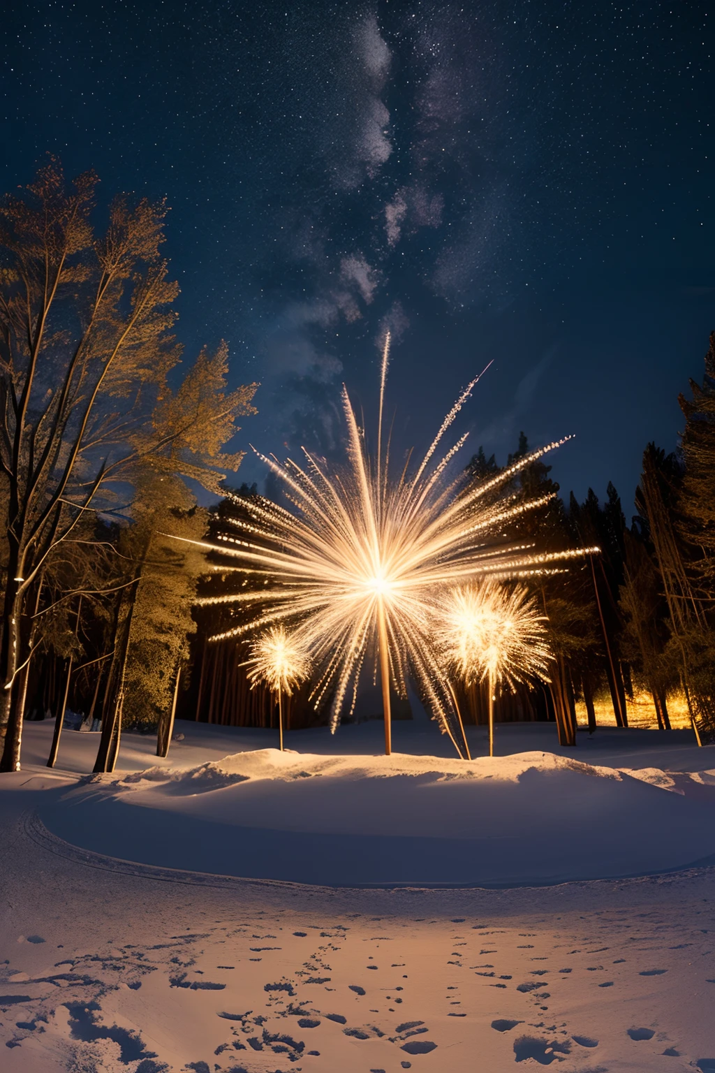 Best Quality, masuter piece, 超A high resolution, (Photorealistic:1.4), Raw photo, Professional Lighting, high-level image quality, high-detail, masterpiece、sparklers、nigh sky、landscapes、nighttime scene