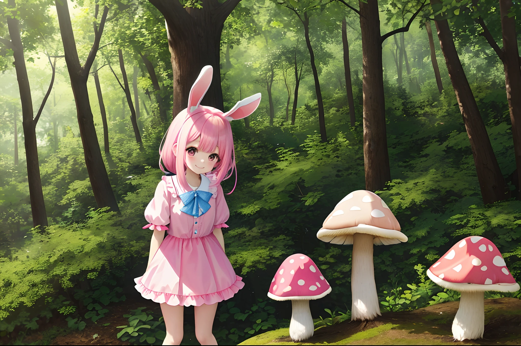 【Top image quality】Kawaii Girl in woods Forest creatures bunny rabbit dark circles a squirrel There is also a。There are also mushrooms。Eared rabbit bare-legged Cute costumes Pink panthesィ rabbitears shortsleeves Long light blue hair Twin-tailed A charming smile