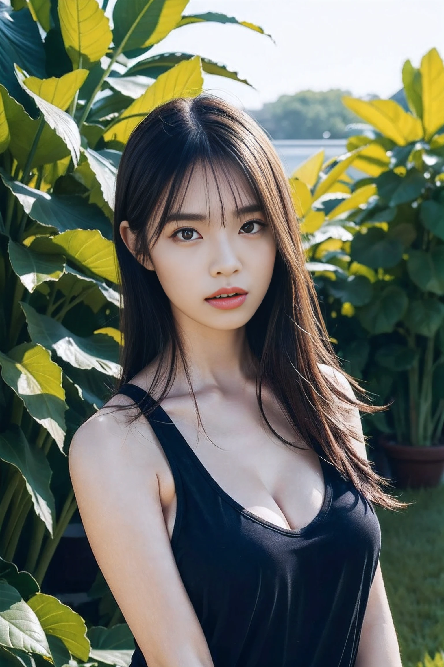 (ultra realistic) , (illustration), (increase resolution), (8K), (extremely detailed), (best illustration), (beautiful detailed eyes), (best quality), (ultra-detailed), (masterpiece), (wallpaper), (detailed face), 1 girl, black straight hair, plump breasts, slender body, delicate details, in the dark, deep shadow, low key, pureerosfaceace_v1, happy smile, summer dress, jungle