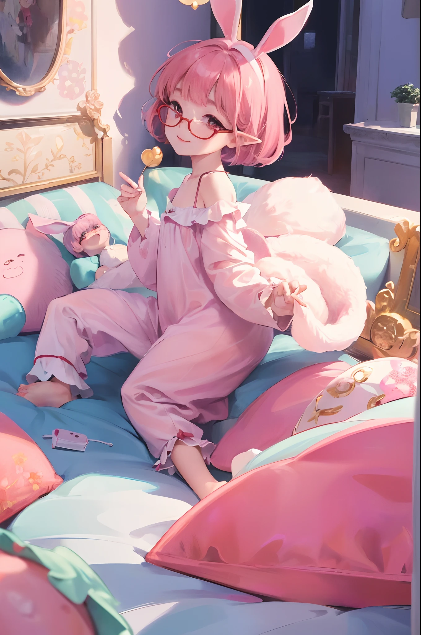 masterpiece、top-quality、Ultra Detail、, 1girl in,beautiful lighting、1girl with、Baby、、with round face、innocent smiles、(((3 )))、(((toddlers)、(((A lovely child)))、(((Toddler Girl)))、childish、Small childm、A lovely child、(((Rabbit costume)))、(((s Pajamas)))、Red glasses(((Red glasses)))、little blush、Young Face、Small children、girl with、lip:1.1)、(beautidful eyes:1.1)、Wonderful mouth closed hair、short-hair、bob cuts、Pink hair、Red glasses、Pink eyes、elf-ears、Well-formed face、flat chest、A smile、masutepiece、Best Quality、High resolution、Cowboy Shot、From Side、Pale skin staring at the viewer、Curve、Blunt bangs、lightsmile、Fingernails、dim room、Bedrooms、sprawl、on the beds、