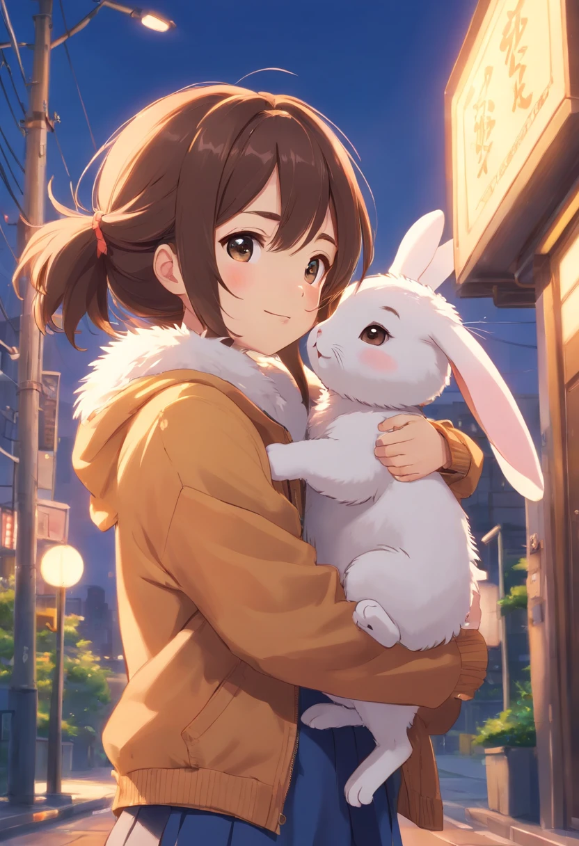 (best quality,ultra-detailed,realistic),two hugging rabbits,cute animals, cute cartoon style, fluffy fur, adorable whiskers,happy and innocent expressions, bright colors,soft and gentle lighting.