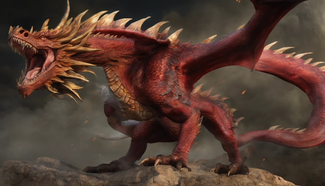 (Dragon celestial dorado) con (ojos penetrantes de color rojo),primer plano soltando (fuego de sangre) por la nariz,escamas bulumetricas,alta calidad,8k,muchos detalles,paticulas de fuego,alas,4patas,garraz manchadas,oro,peligro,fuego,dientes filosos,dragon gigante,colosal,amenazante,imponente,escamas azules