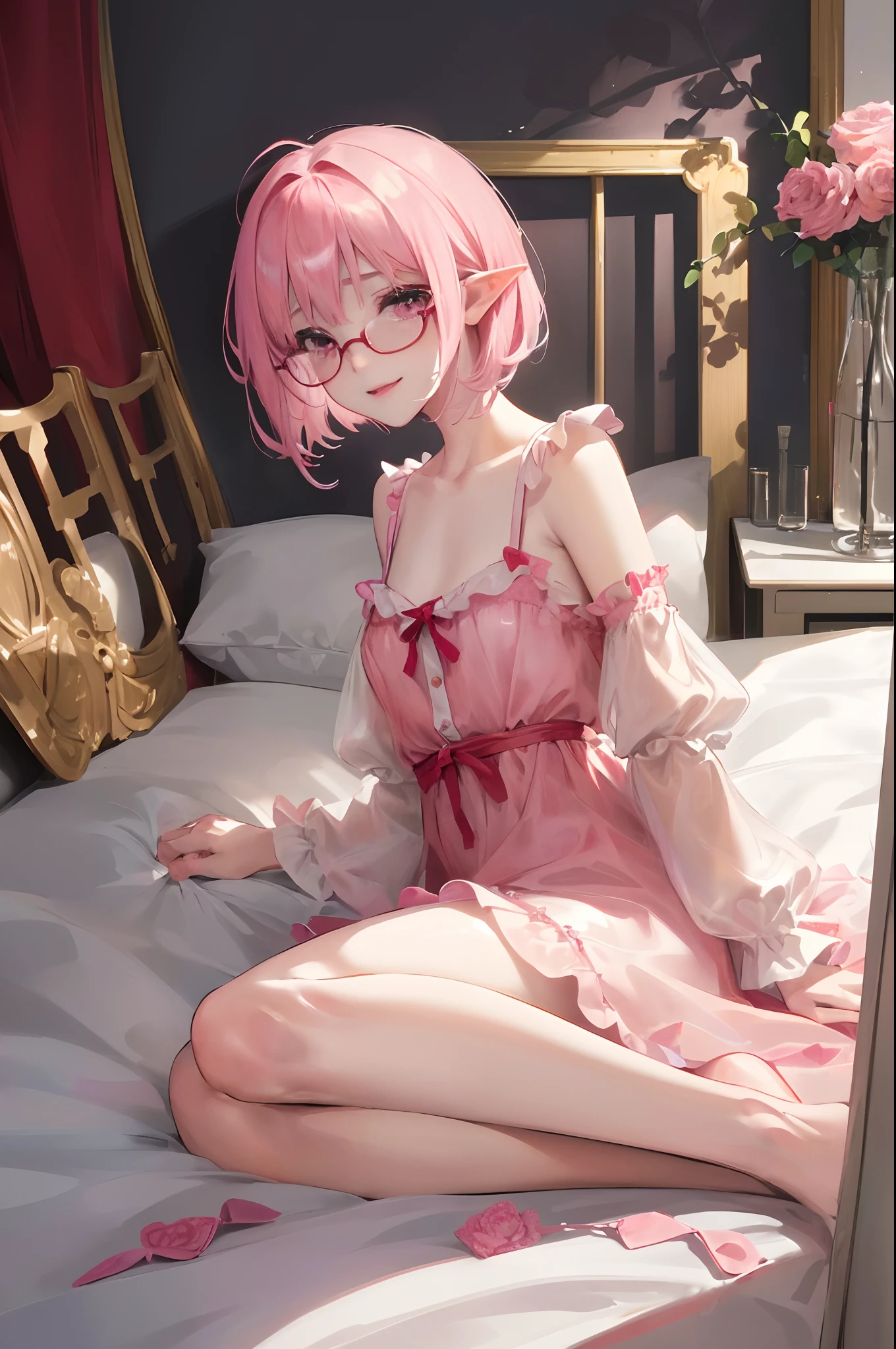 masterpiece、top-quality、Ultra Detail、, 1girl in,beautiful lighting、1girl with、((()))、(((a junior high school student)))、(((A lovely child)))、(((teens girl))(A lovely child)))、A lovely child、(((Sleep in bed)))、(((Long Nightgown)))、(((Ren Hao)))、(((lots of ruffles)))、Red glasses(((Red glasses)))、little blush、Young Face、girl with、kawaii、(shiny lip:1.1)、(beautidful eyes:1.1)、、short-hair、bob cuts、Platinum Pink Hair、Red glasses、Platinum pink eyes、elf-ears、Well-formed face、Normal breasts、A smile、masutepiece、Best Quality、High resolution、Cowboy Shot、From Side、Pale skin staring at the viewer、Curve、Blunt bangs、lightsmile、dim room、Bedrooms、sprawl、on the beds、