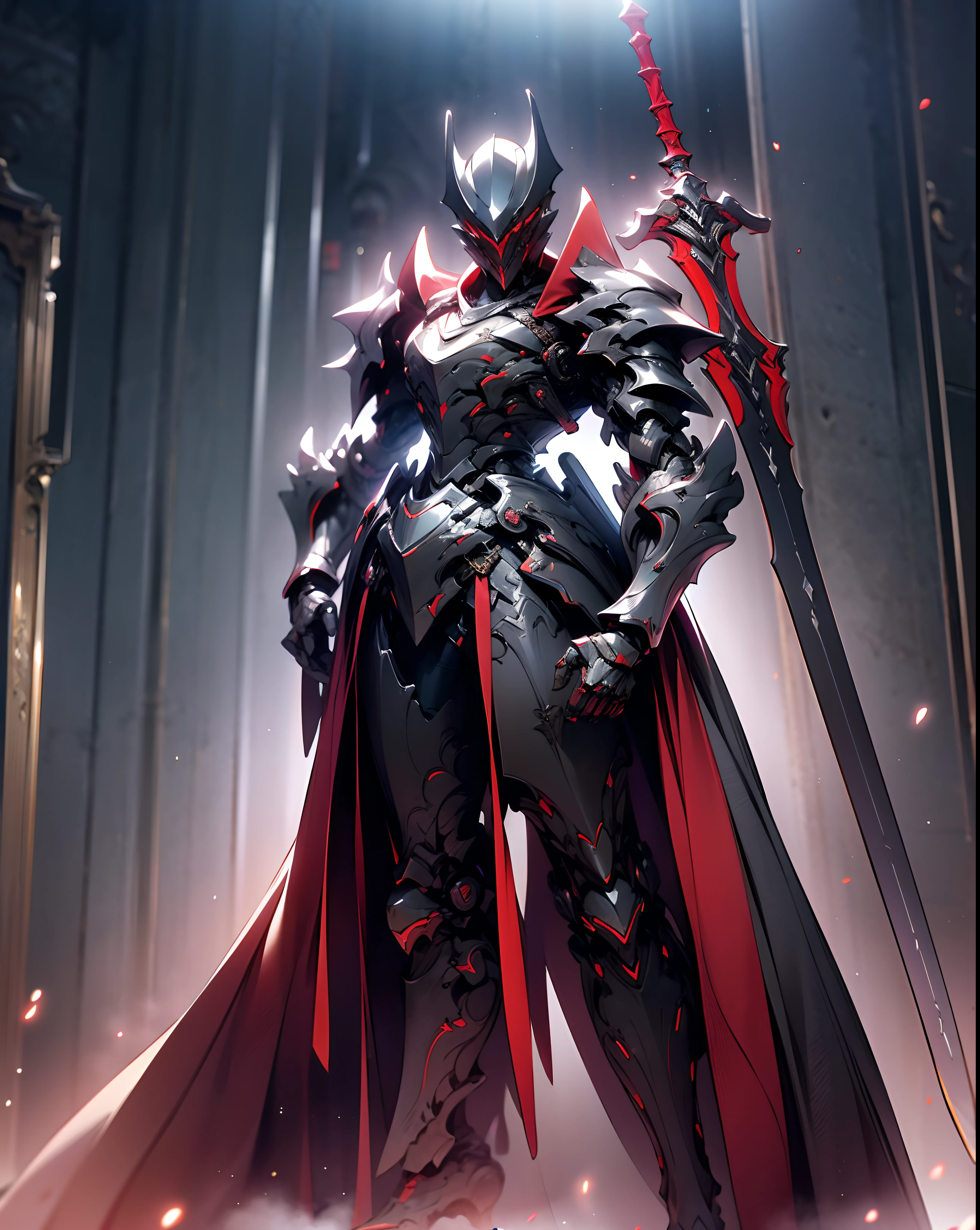 anime character with sword standing in front of a building, fallen knight, from arknights, gothic knight, evil knight, the style of wlop, fantasy knight, knight, royal emperor, dark souls knight, off-white plated armor, wearing heavy armor with cape, black heavy armor with gold trim, smooth anime cg art, artorias, glowing sword, (perfect figure)