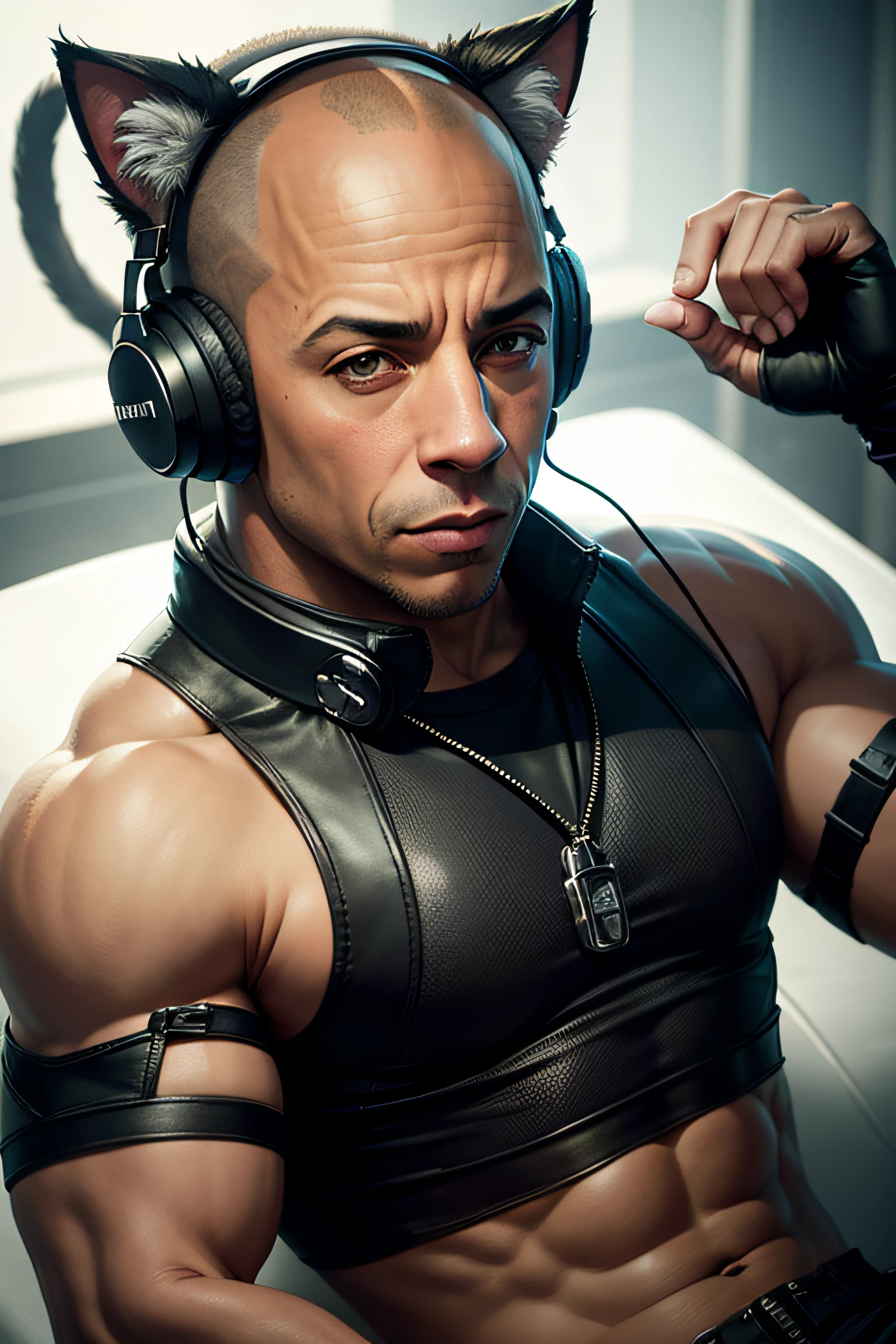 Vin Diesel wearing cat-ear gaming headphones, high realism detailed, masterpiece