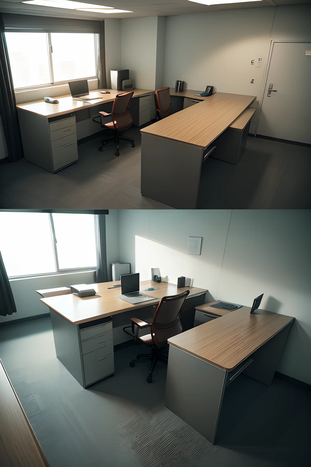 office room,Micro science fiction,Empty room,Employee seating,Side view,desktop computer,On the left is someone's