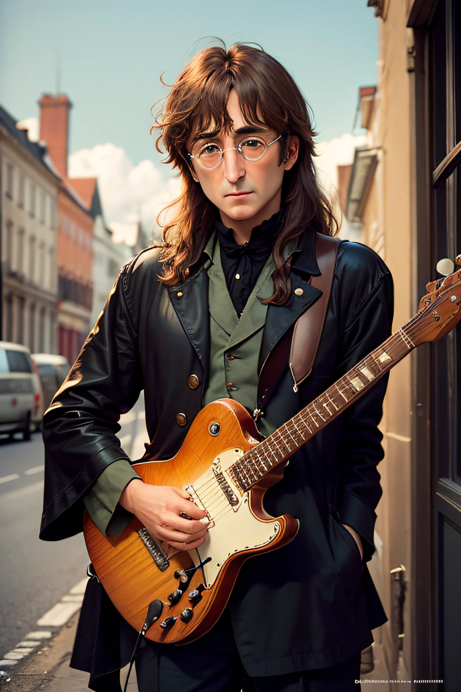 Medium format film photo of John Lennon Staring directly at the camera, highly realistic