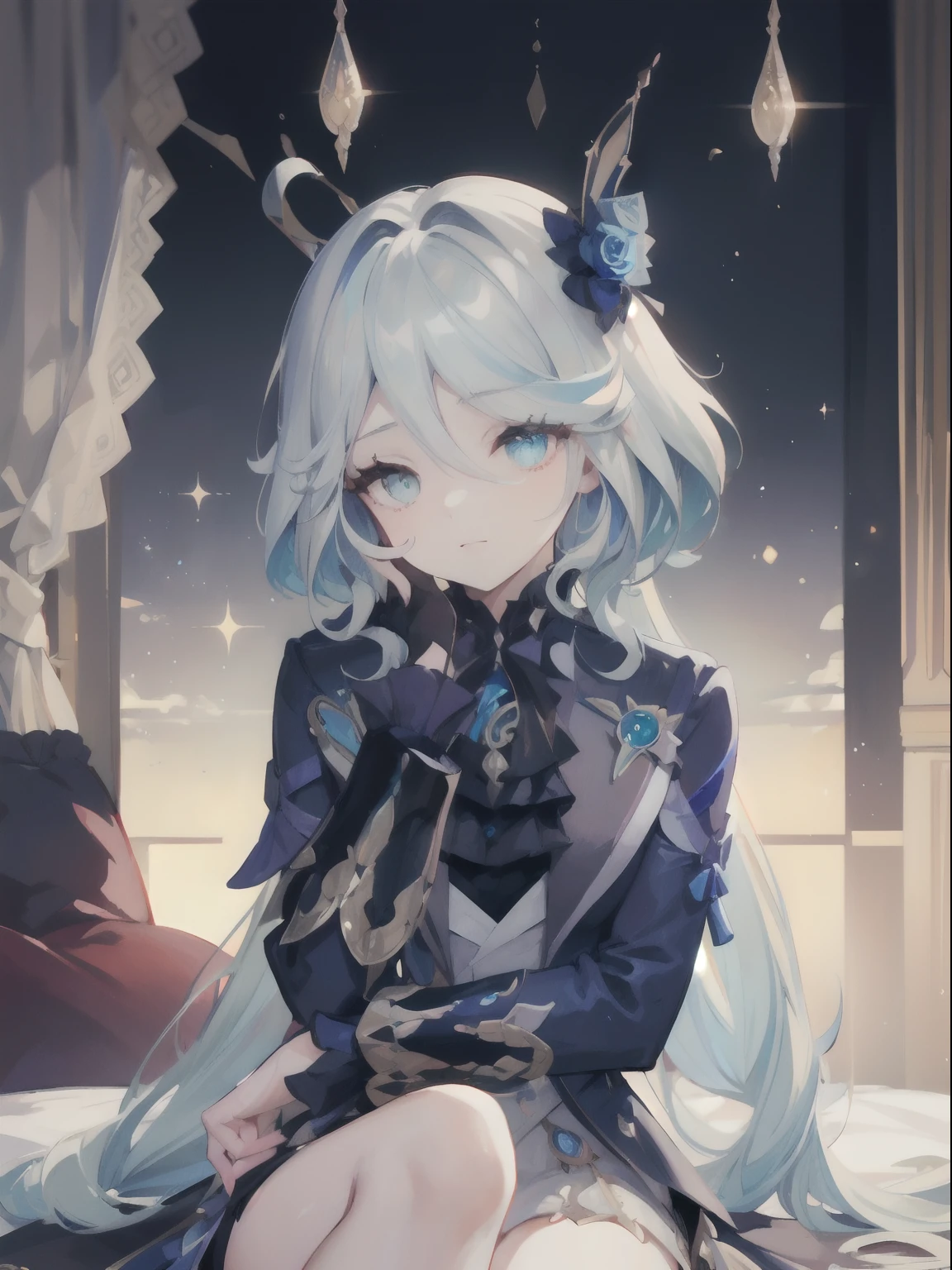 Furina, Surrealism, 8k, super detail, hydro aarchon, thicc thighs, sitting, bratty face, smug, beautiful eyes, masterpiece, High resolution, 8K, anime woman, Delicate and detailed writing 、Detailed digital illustration、(((Genshin impact))、Shiny hair、a very beautiful woman、High image quality, High quality、Detailed background、The inside of the eye shines like a diamond、(((Blue hair)))、(((swept bangs)))、Gradient pupil、(((2 arms、4 fingers, 1 thumb)))、Detailed female face、a very beautiful woman、、细致背景、​masterpiece、Soft Focus , Bright gradient watercolor , Lens Flare , (((Glitter))) , Glow , Dreamy ,、((Very beautiful light blue rose hair accessories)), Luxury room background